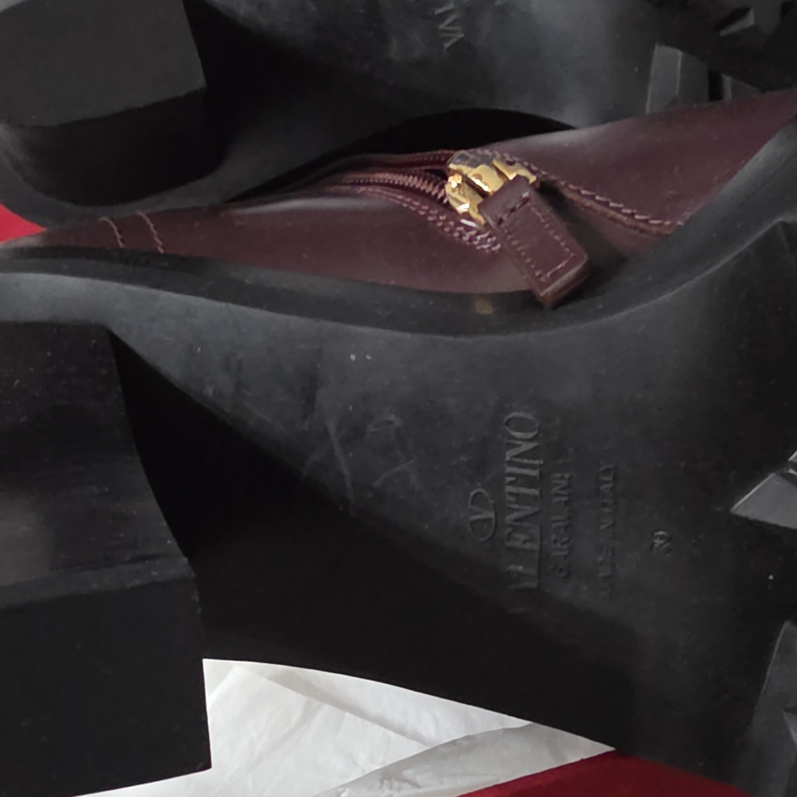 Valentino Garavani Burgundy Leather Studded Lace-Up Zipper Bootie US 9
