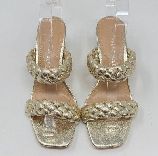 Sincerely Jules IRIS Braided Sandal Metallic Gold Square Toe Slip On Heel 7.5