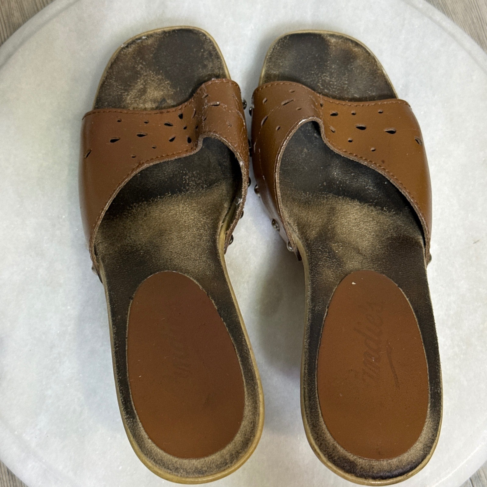 Vtg Candies Brown Leather Studded heels Platform Mules Square Toe 9 shoes y2k