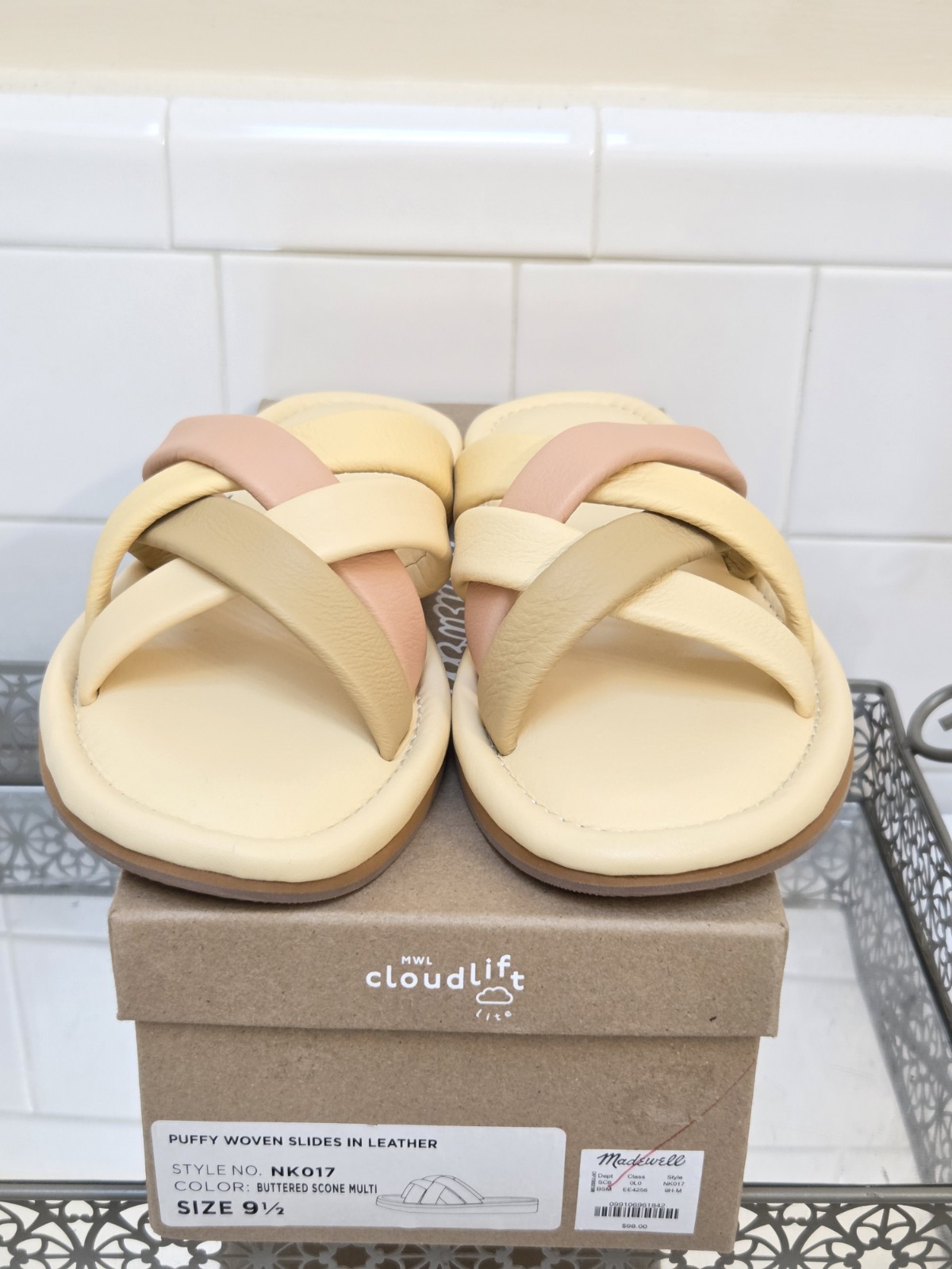 Madewell Cloudlift Lite Puffy Woven Leather Slide Sandals Beige Pink Tan 9.5