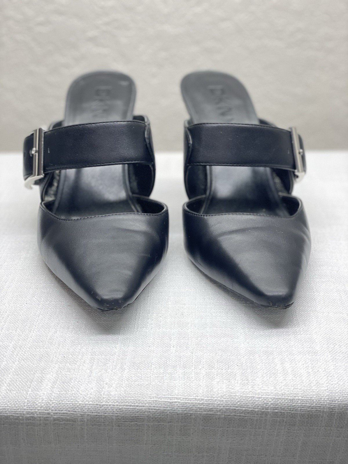 DKNY Women’s Black Faux Leather Pointed Toe Stiletto Buckle Mule 9