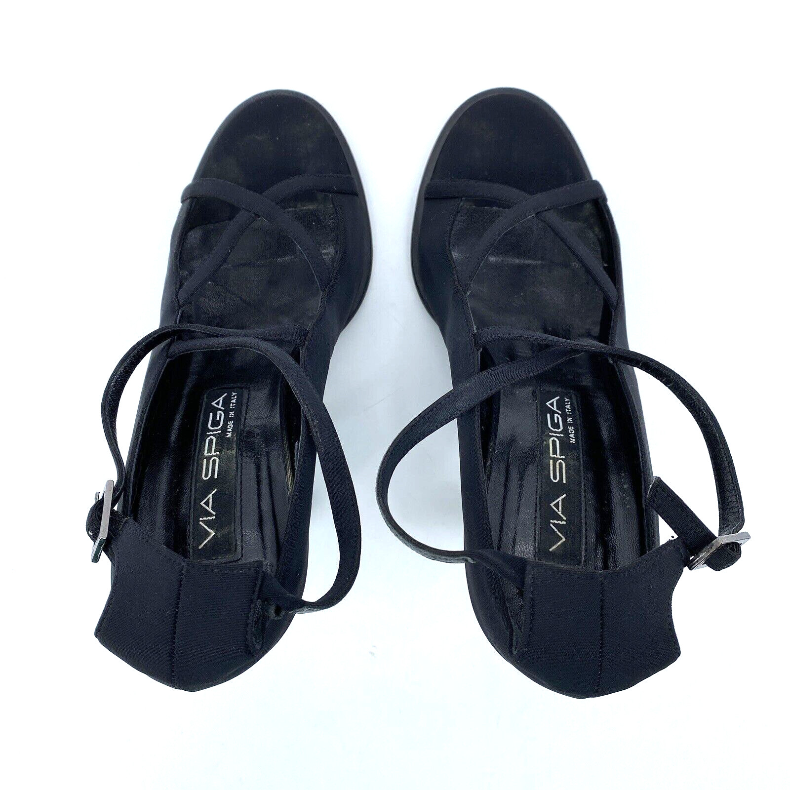 Womens 7.5 M Via Spiga Cage Black Satin Strappy Sandals 3.25″ Heel Made in Italy