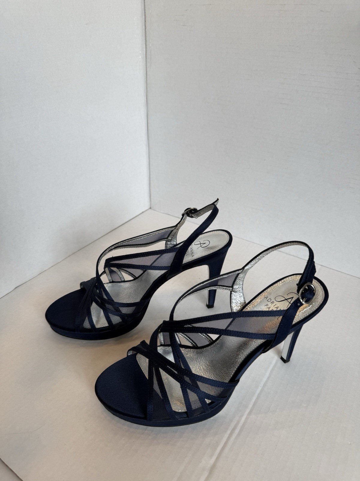 Adrianna Papell Navy Satin Strappy Heels Buckle Open Toe Adjustable Strap 9.5