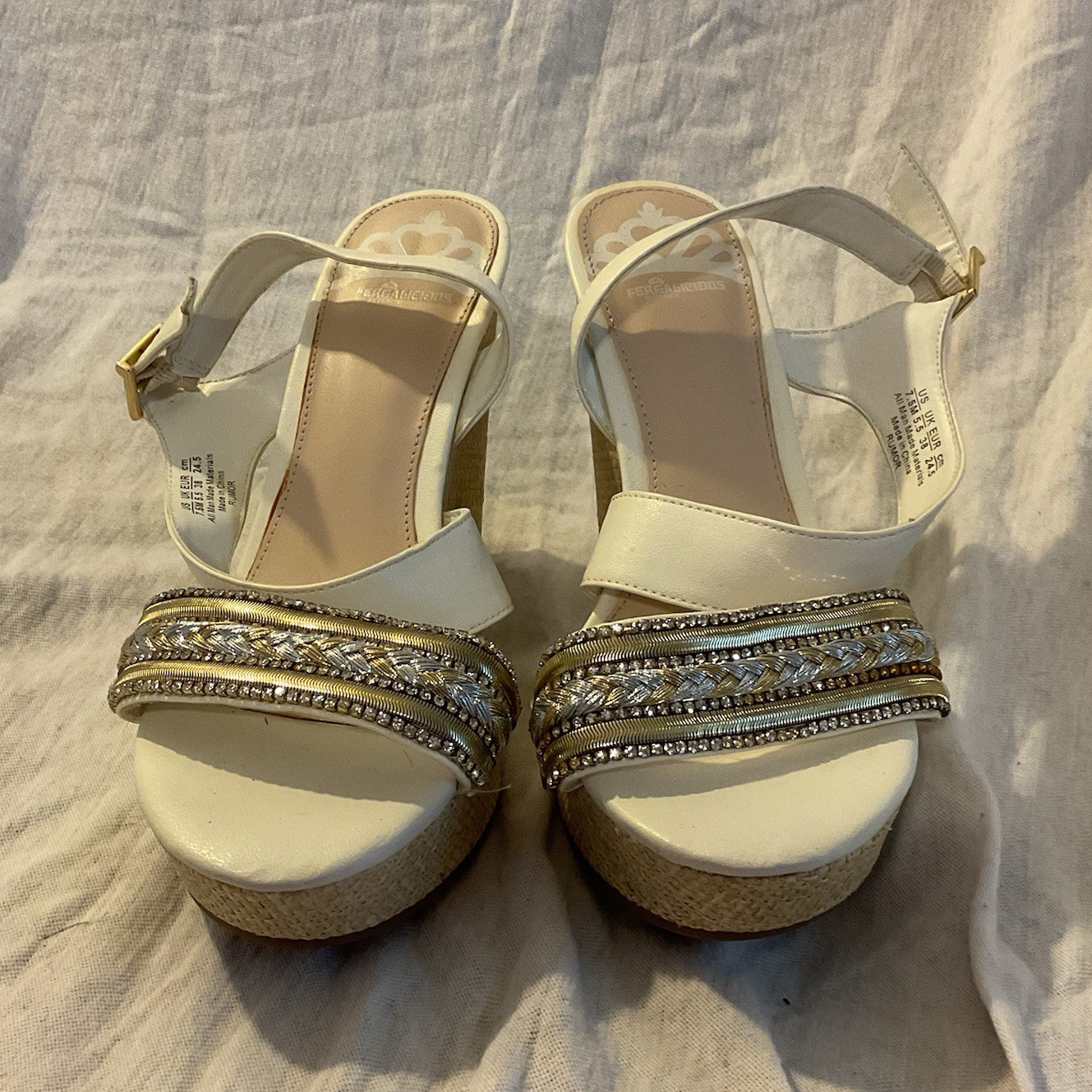 Fergalicious Womens White Wedge Sandals Rhinestone Strappy Buckle US 7.5