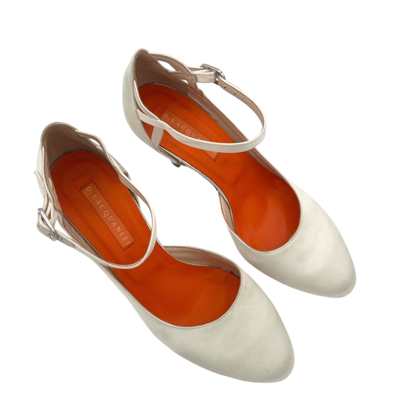 D. Lacquaniti white Satin d’Orsay Mary Jane heels Sz 37 Bridal Luxury Designer
