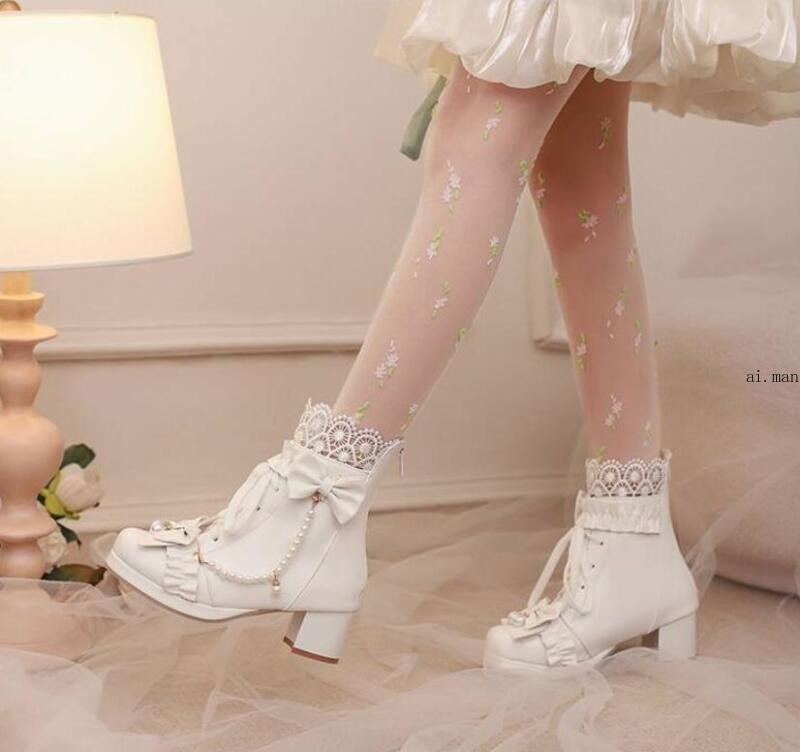 Women Bow Round Toe Block Heel Ankle Boot Lace Lolita Boot Sweety Mary Jane Shoe