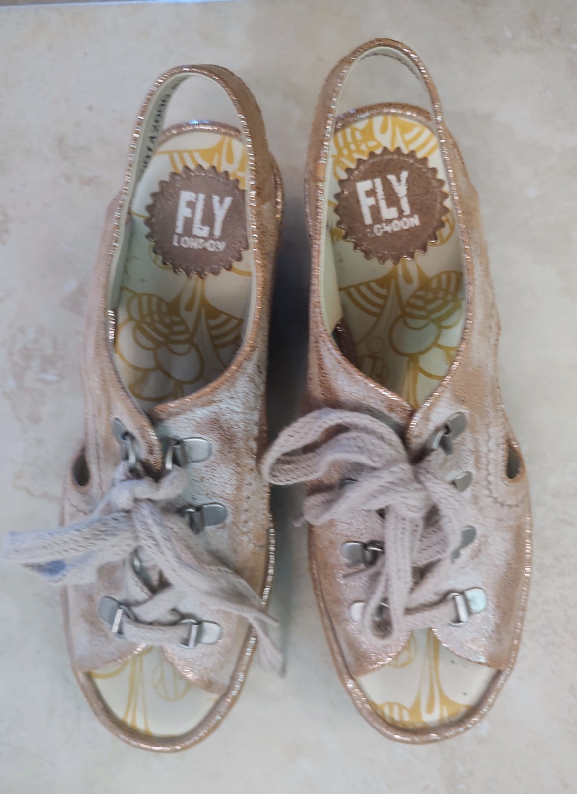 Fly London Platform Wedge Designer Leather Shoes Golden Metal Portugal