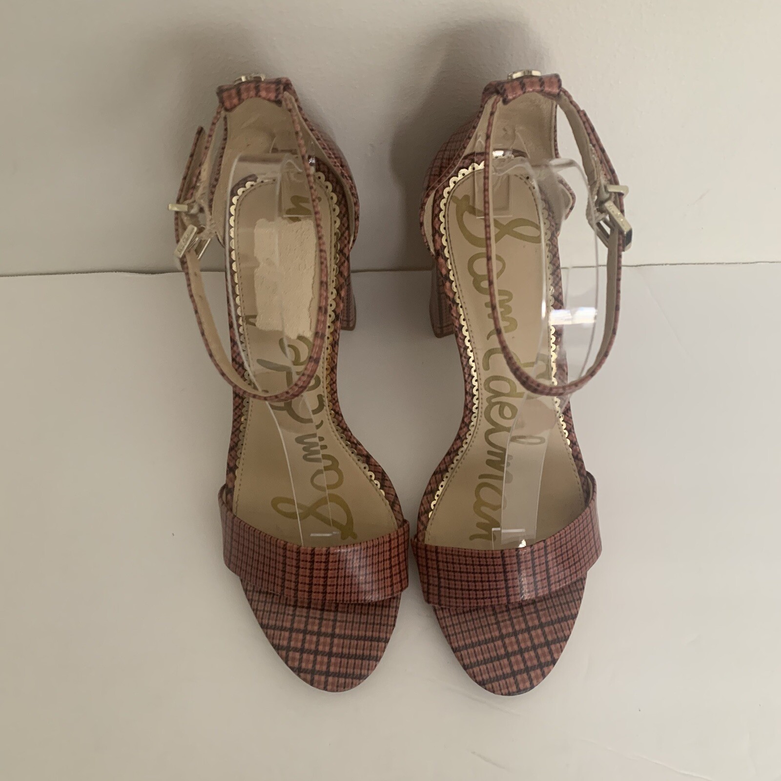 Sam Edelman Yaro Pink Black Plaid Ankle Strap Sandals Size 8M Block Heel EUC