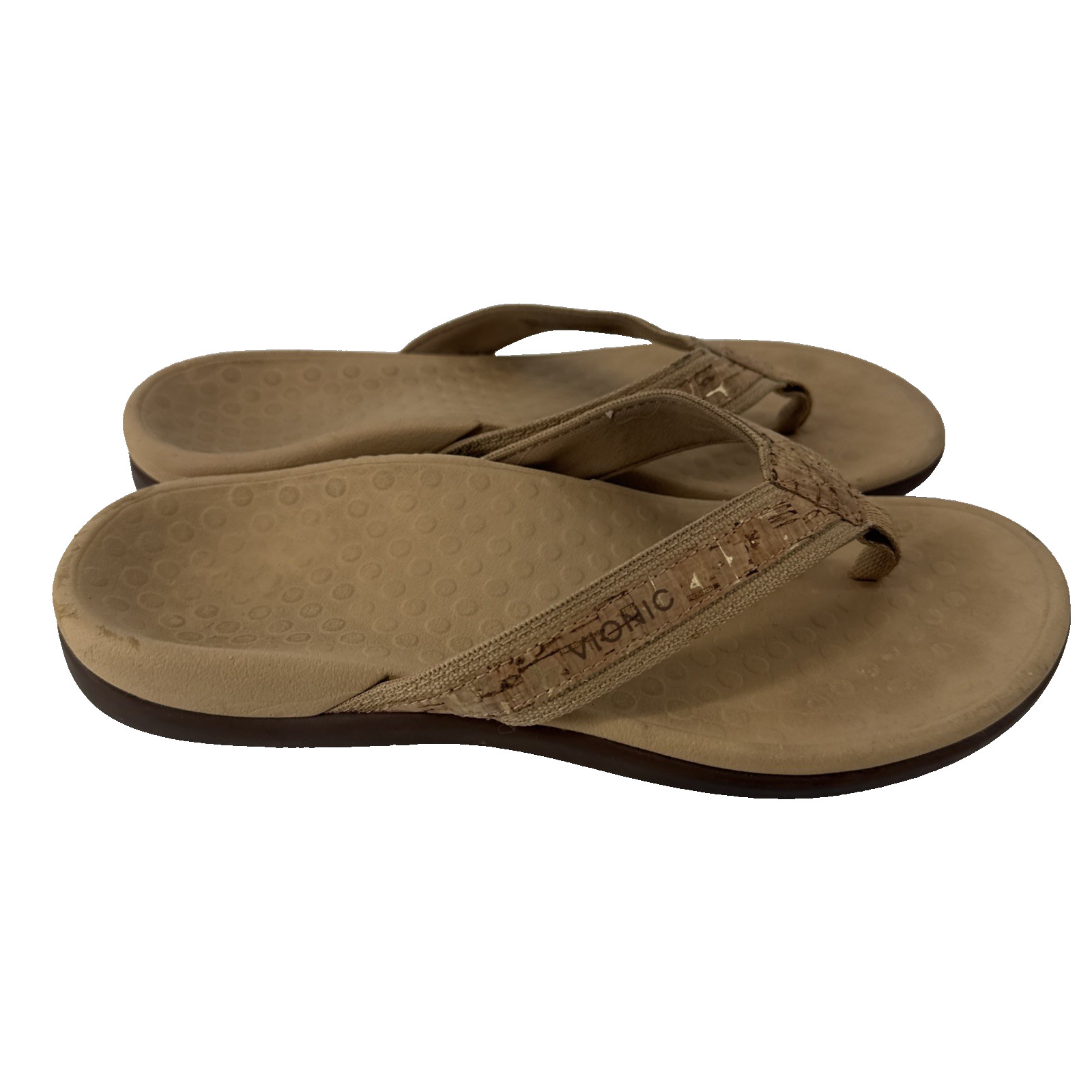 Vionic Tide Thong Sandals Women 7 Tan Flip Flops Cork Print Orthotic Comfort