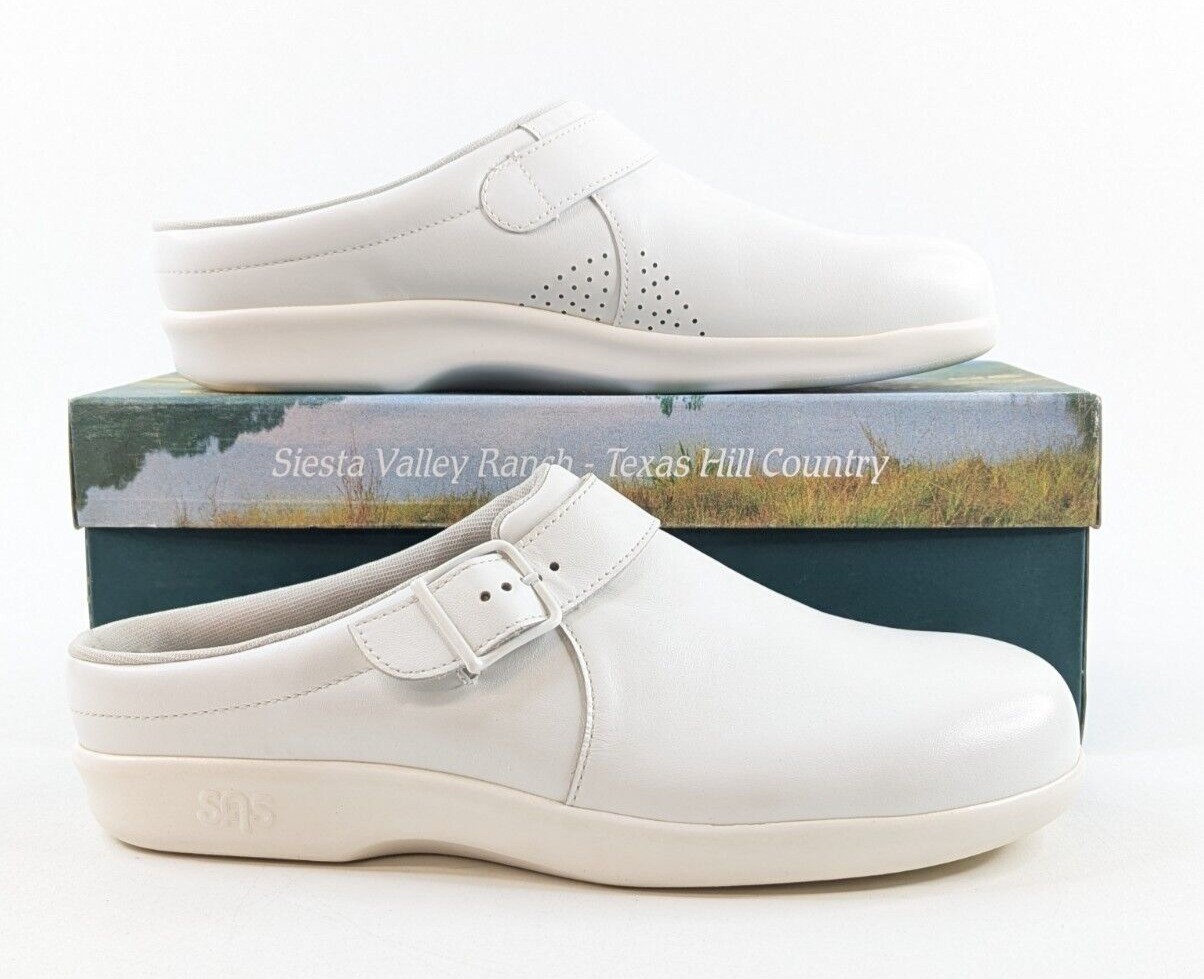 SAS San Antonio Clogs – Women’s Size 10 N White Leather Buckle Shoes USA