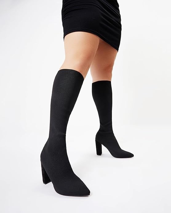 NEWBELLA Womens Stretch Knit Over Knee Boots Chunky Heel Anti-Slip Winter Boot 6