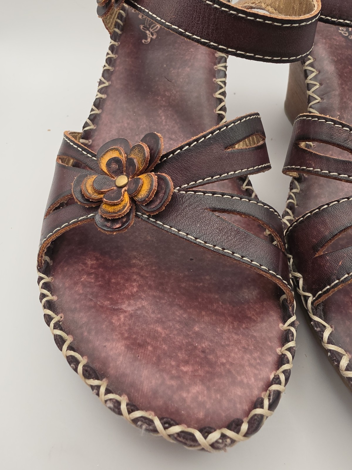 L’Artiste by Spring Step Lilith-BR Brown Leather Floral Wedge Sandals Women’s 39