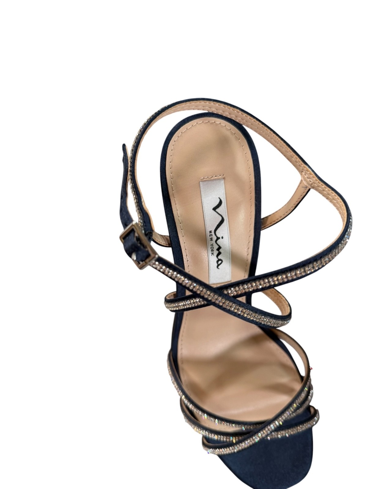 NINA Anna-LS Navy Satin Rhinestone Strappy Heels Women’s size 7M New In Box