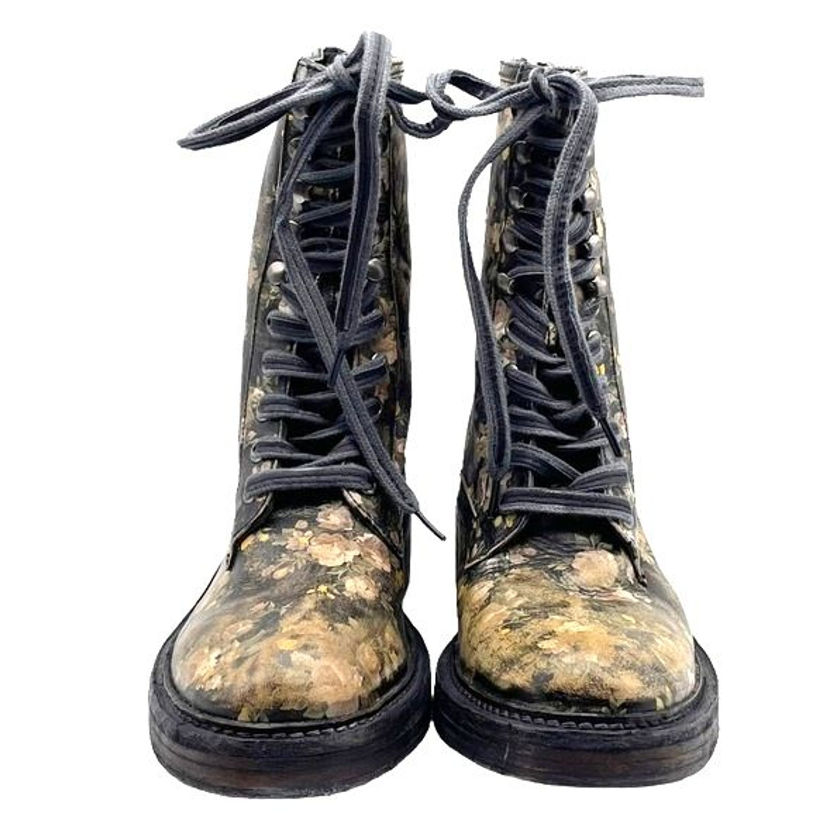 Free People Black Floral Leather Lace-Up Combat Boot Sz 8 Grunge Boho New In Box
