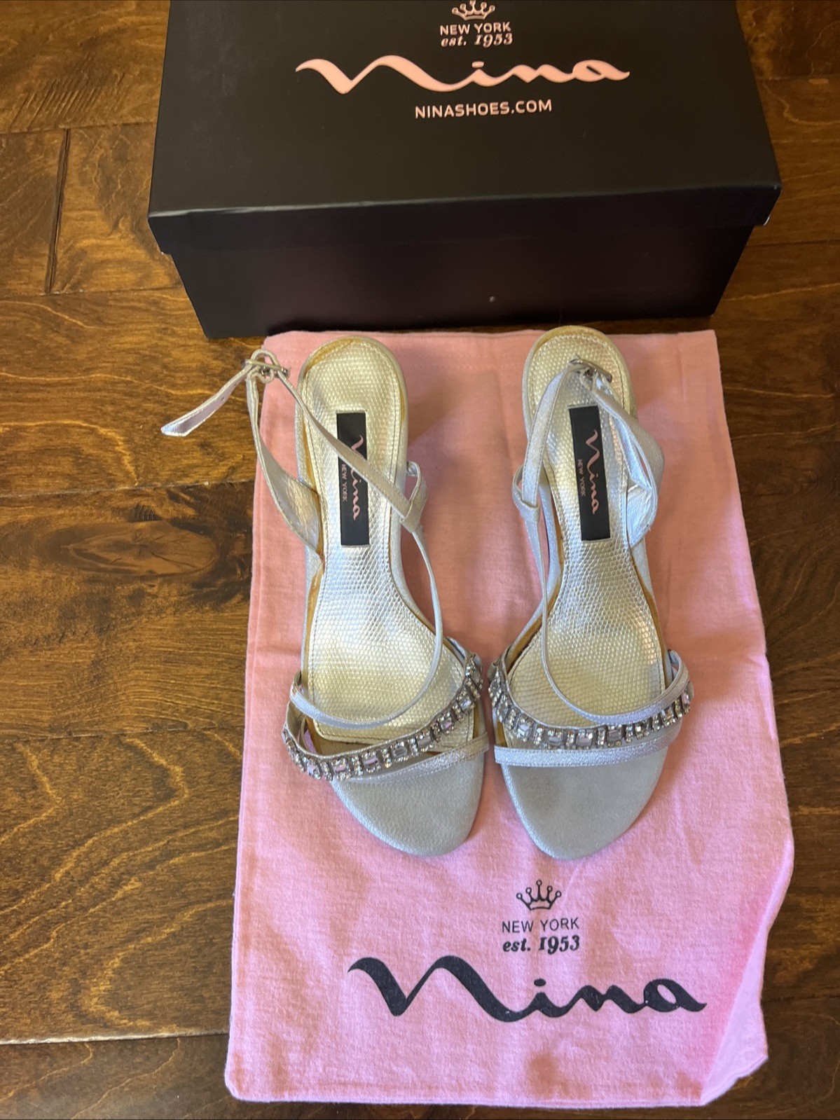 Silver Rhinestone Heels Women’s 6.5 Nina Sparkly Strappy Evening Prom Dressy
