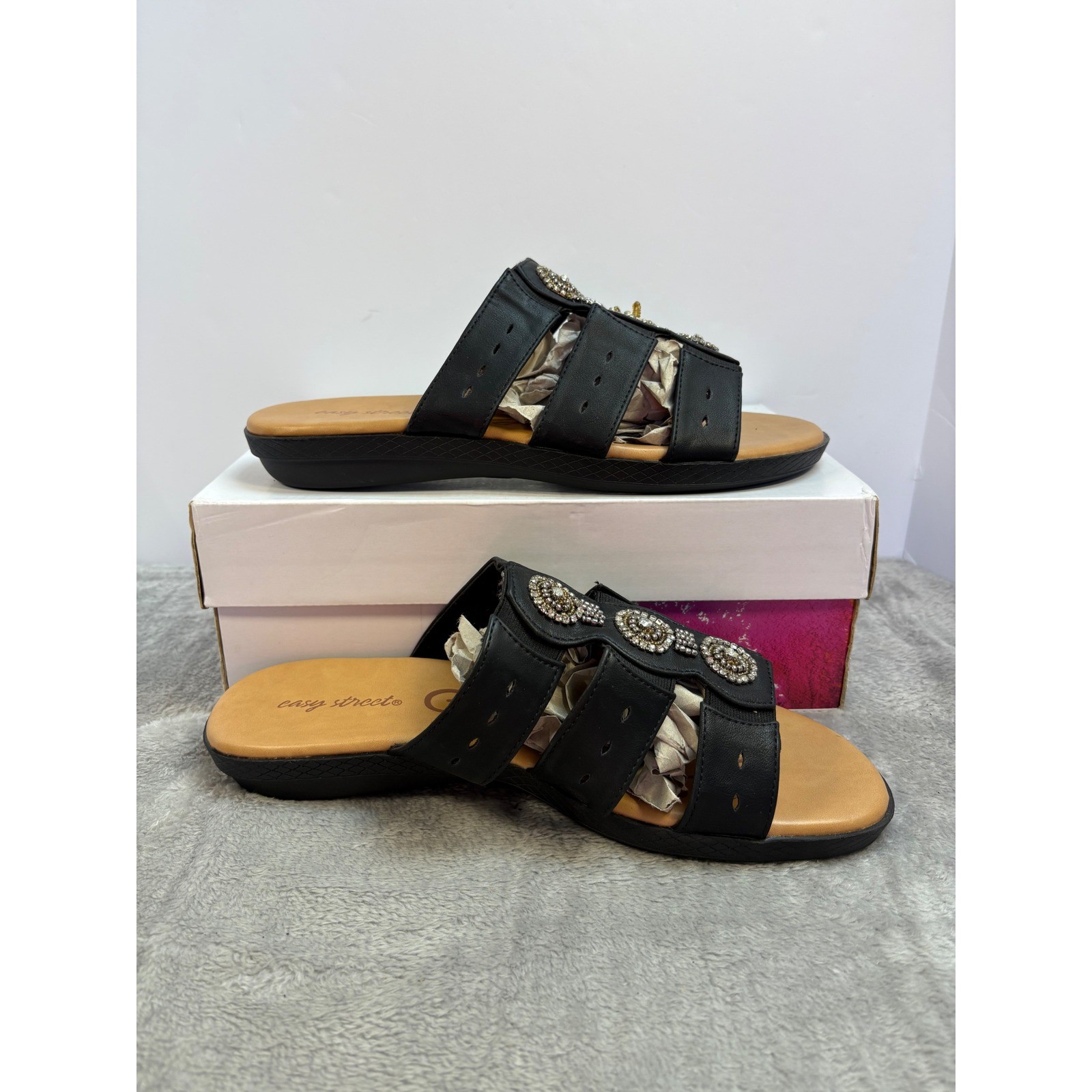 Easy Street Womens Black Beaded Rhinestone Slide Sandals Cushioned Sole 11 Wide