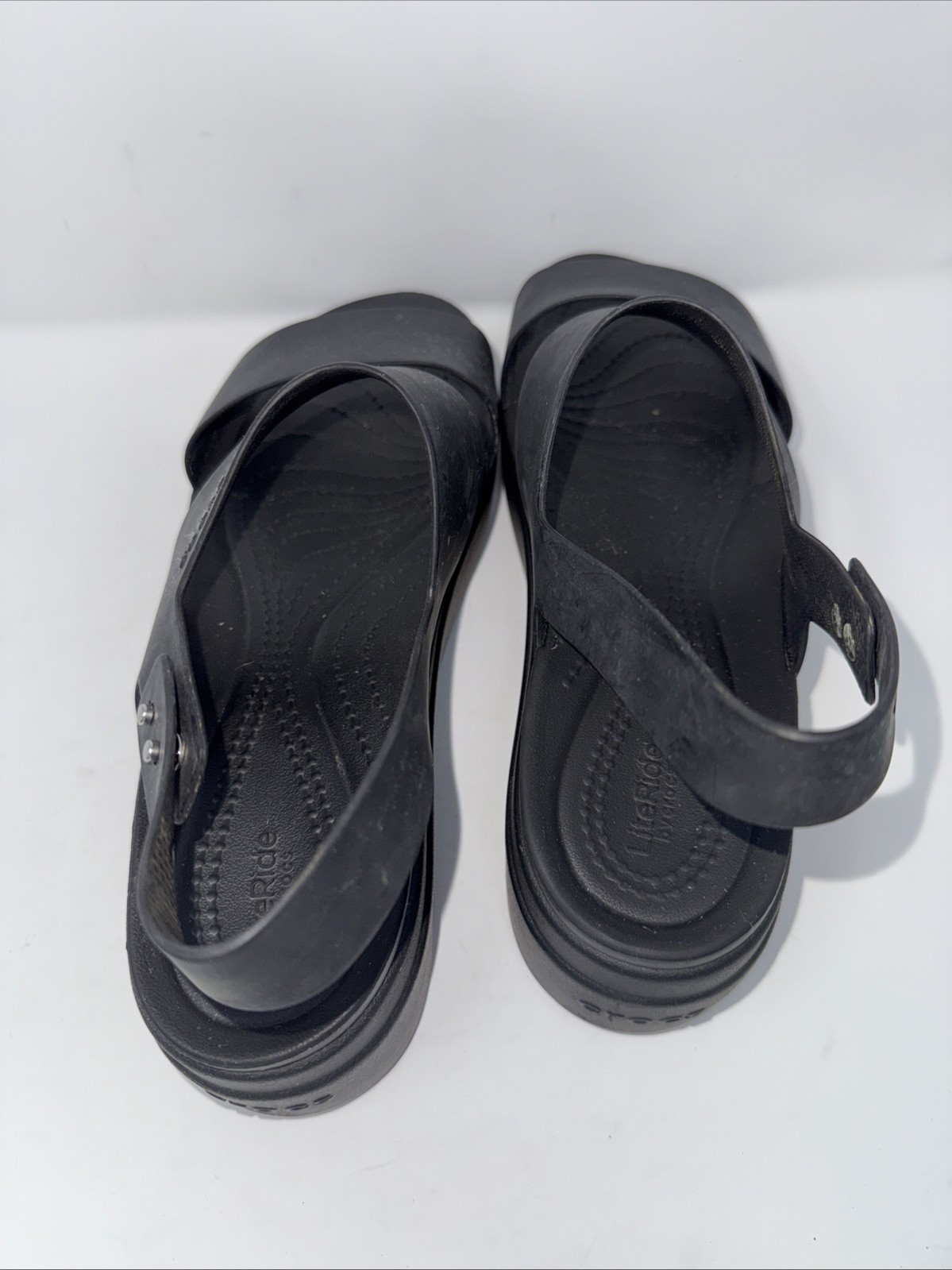 Crocs LiteRide Brooklyn Black Low Wedge Lightweight Adjustable Sandals Size 9