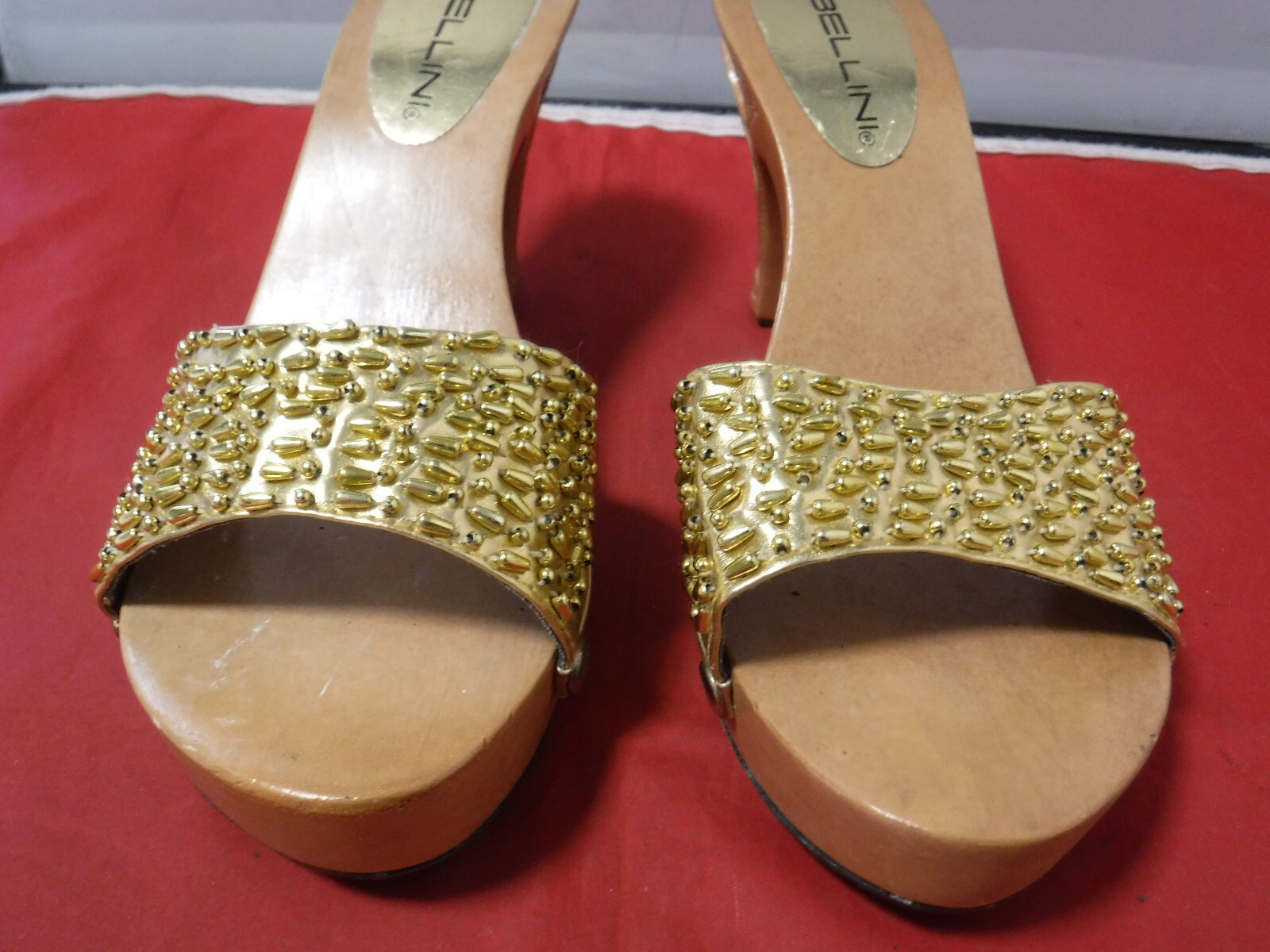 90s Y2K Bellini Lollipop Gold Studded Carved Platform Chunky Sandals Heels 10 W