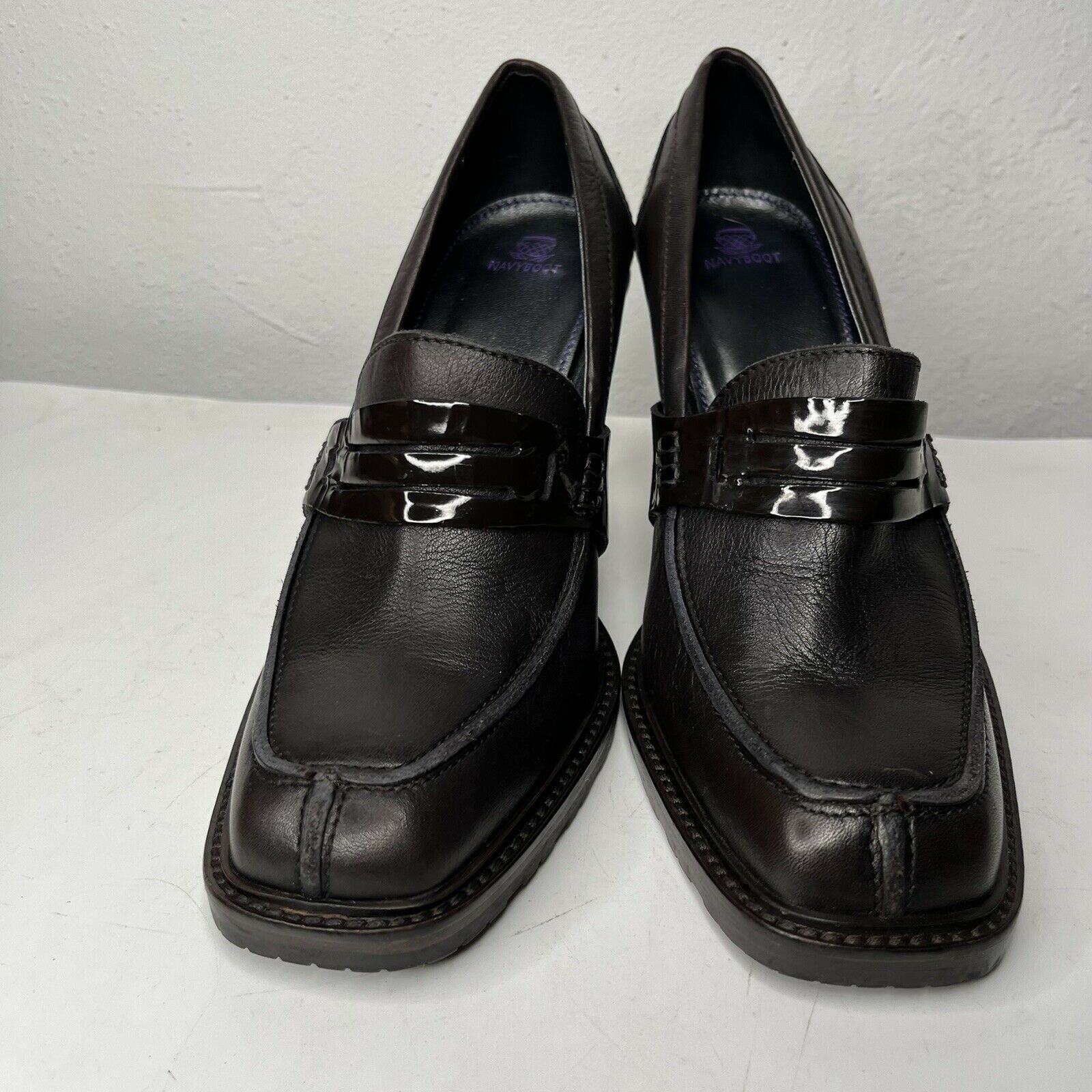 NavyBoot Dark Brown Italian Leather Chunky Heel Loafer Pumps size 37 (6.5)
