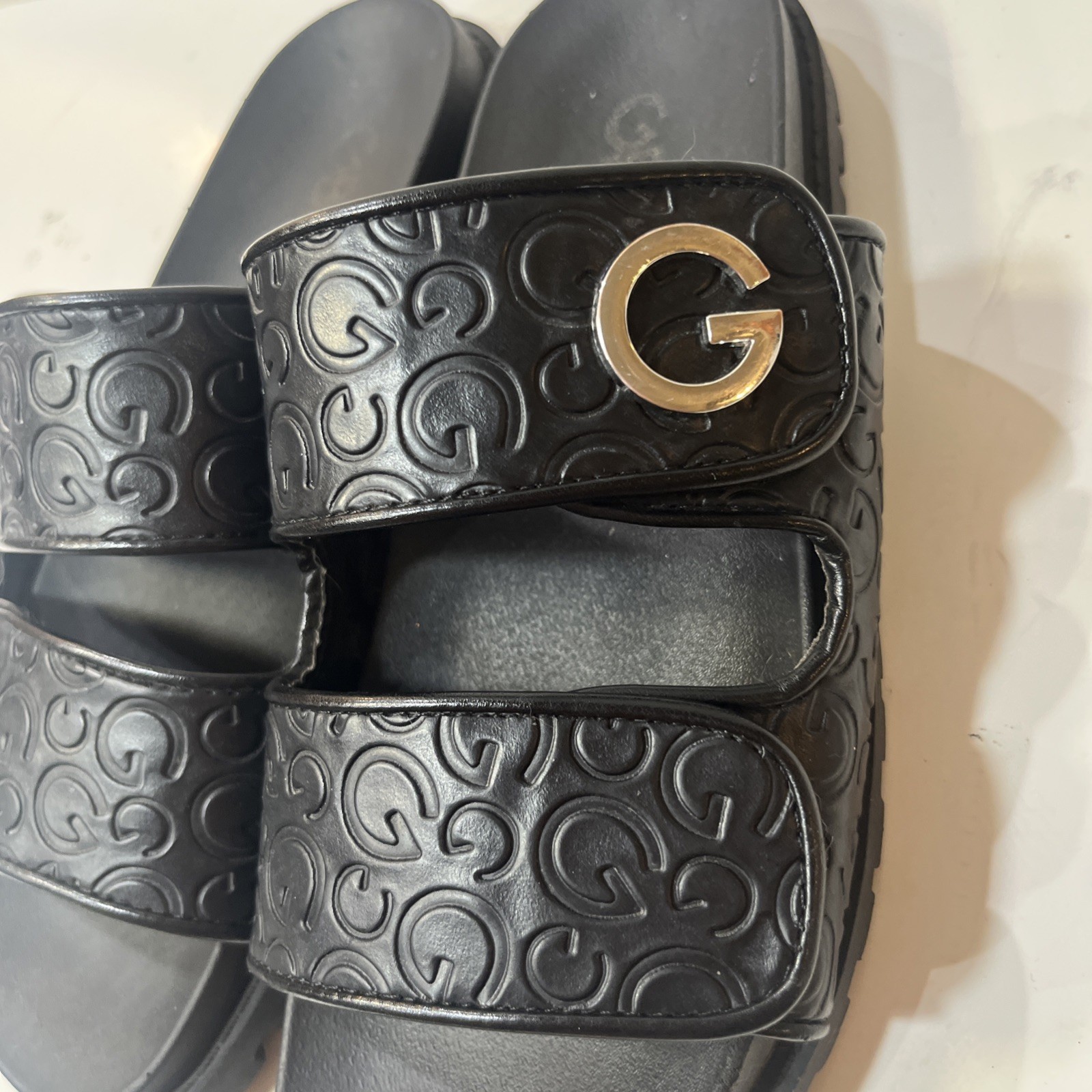 Guess GBG Black Embossed Slides Sandals Silver Accent Size 8M