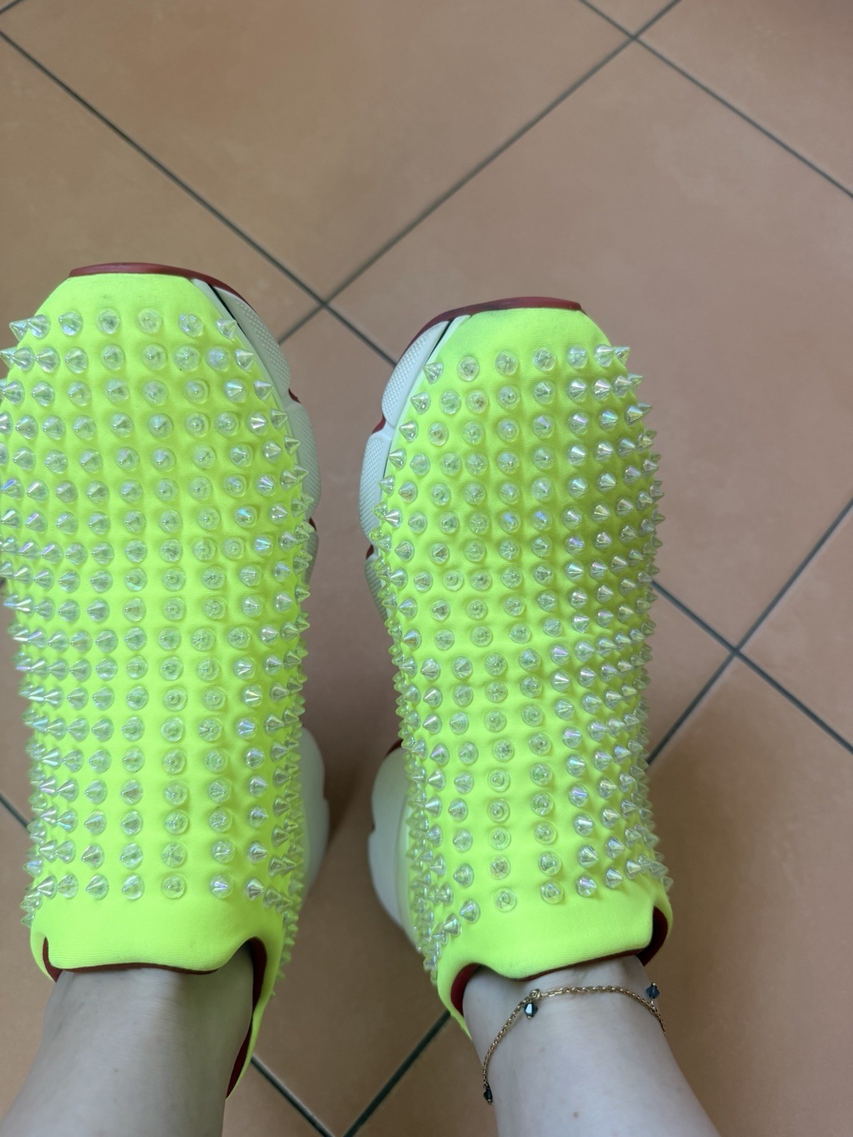 STUNNING CHRISTIAN LOUBOUTIN SPIKE SOCK ,slip-on sneakers in vibrant neon yellow