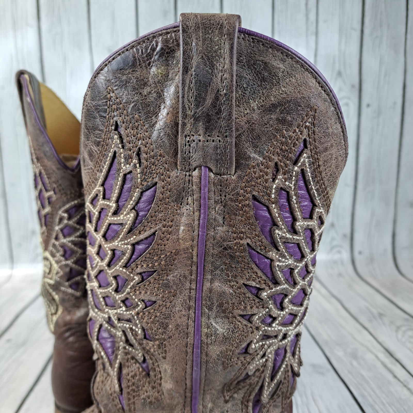 Corral Vintage Cowboy Boots Womens 7 M Brown Purple Angel Wings Cross Leather