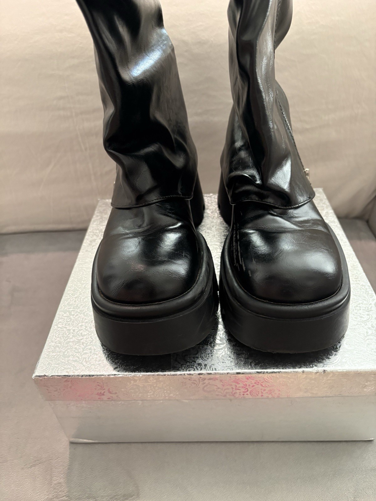 Black Faux Leather Knee High Platform Lug Sole Boots Zip Buckle US 7.5