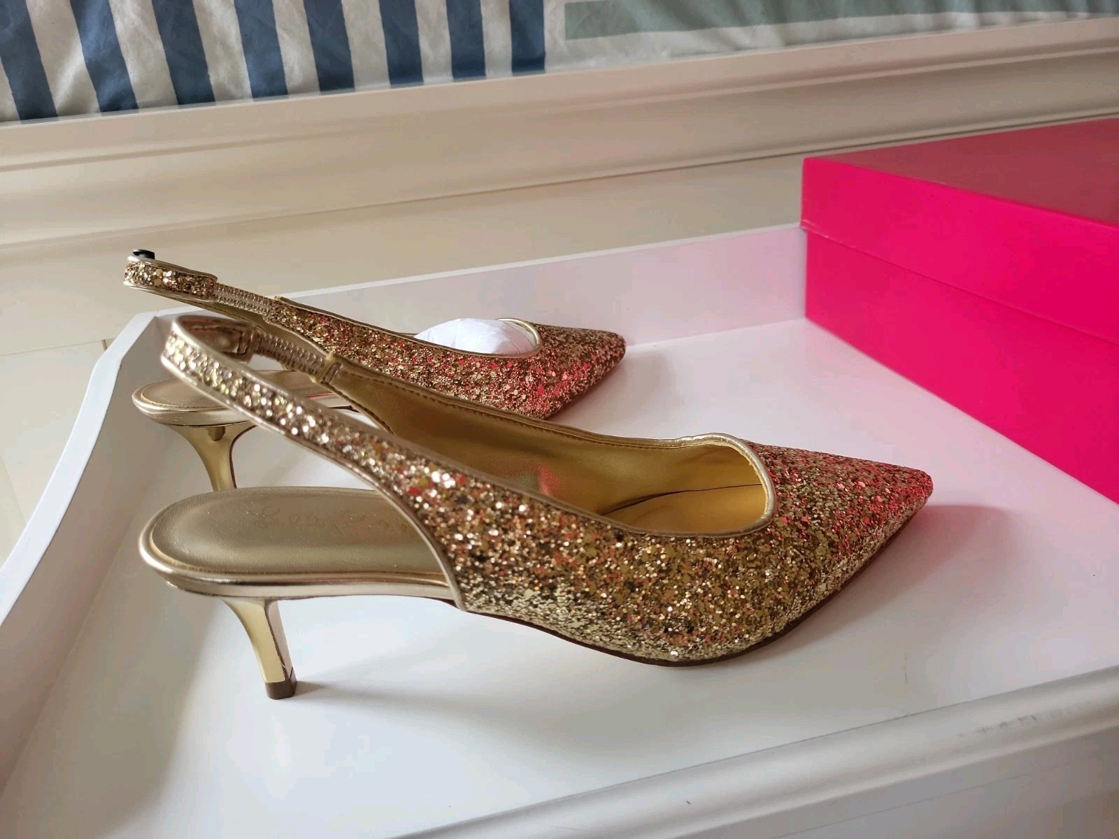 Lilly  Pulitzer Shaina GOLD GLITTER METALLIC Slingback KITTEN HEELS 8.5 NIB