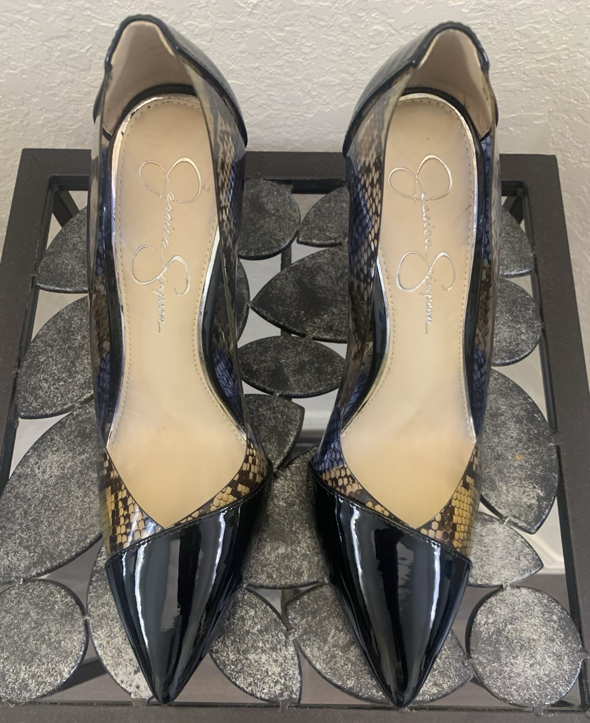 Jessica Simpson Snake Print Patent Pointed Toe Stiletto Pumps Black US 8.5
