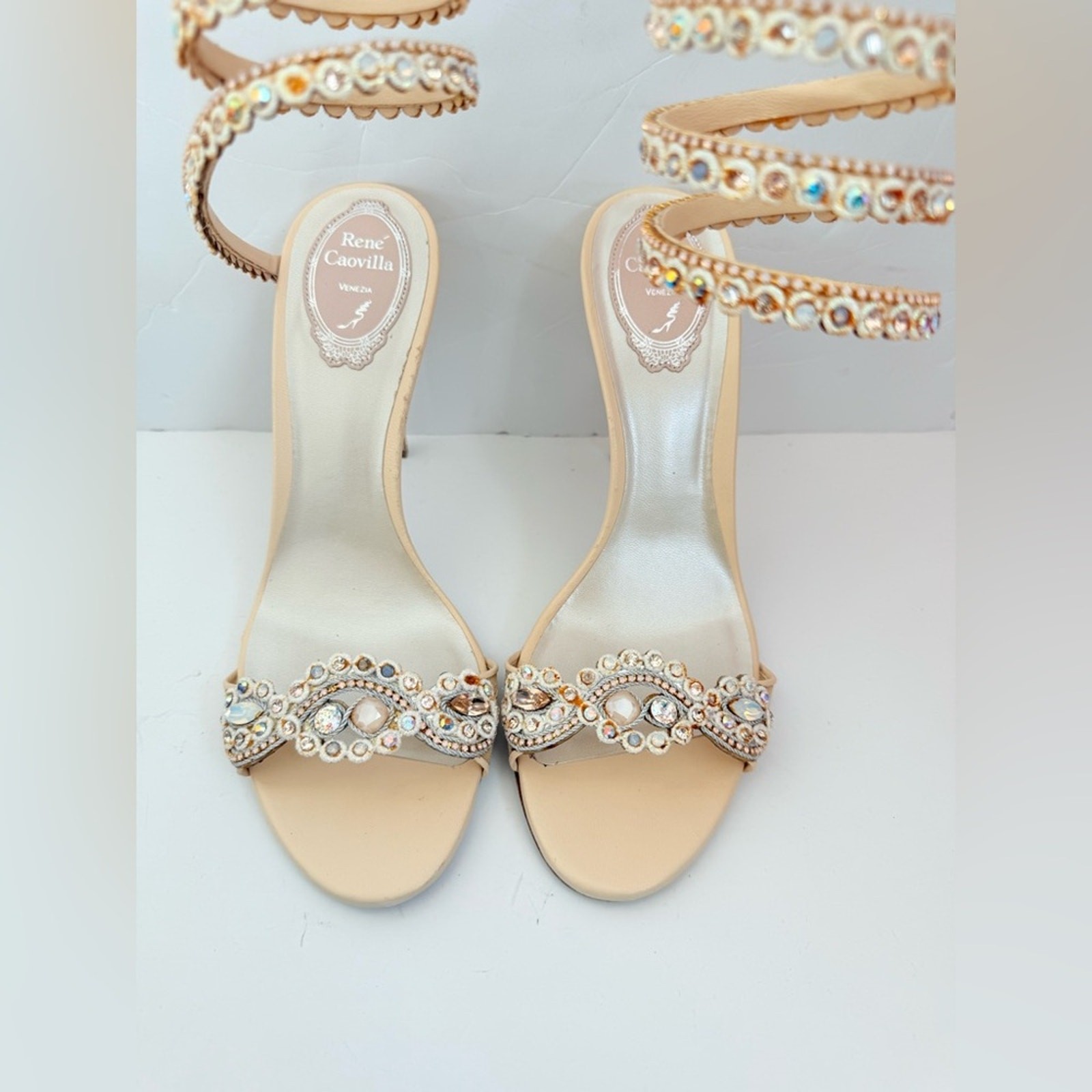 Rene Caovilla Beige Multicolor crystal embellished Wrap around ankle heels 39.5