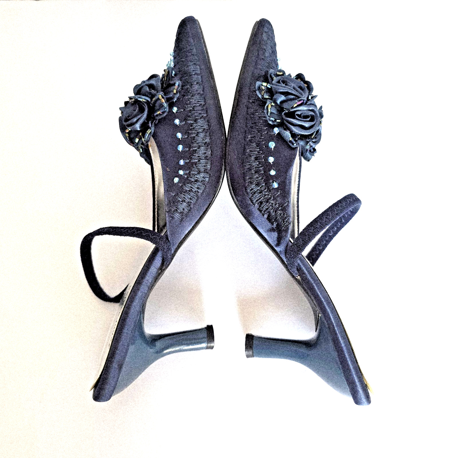 John Fashion A2009-C Teal Satin Slingback Stiletto Heels Size 8 Beaded Roses