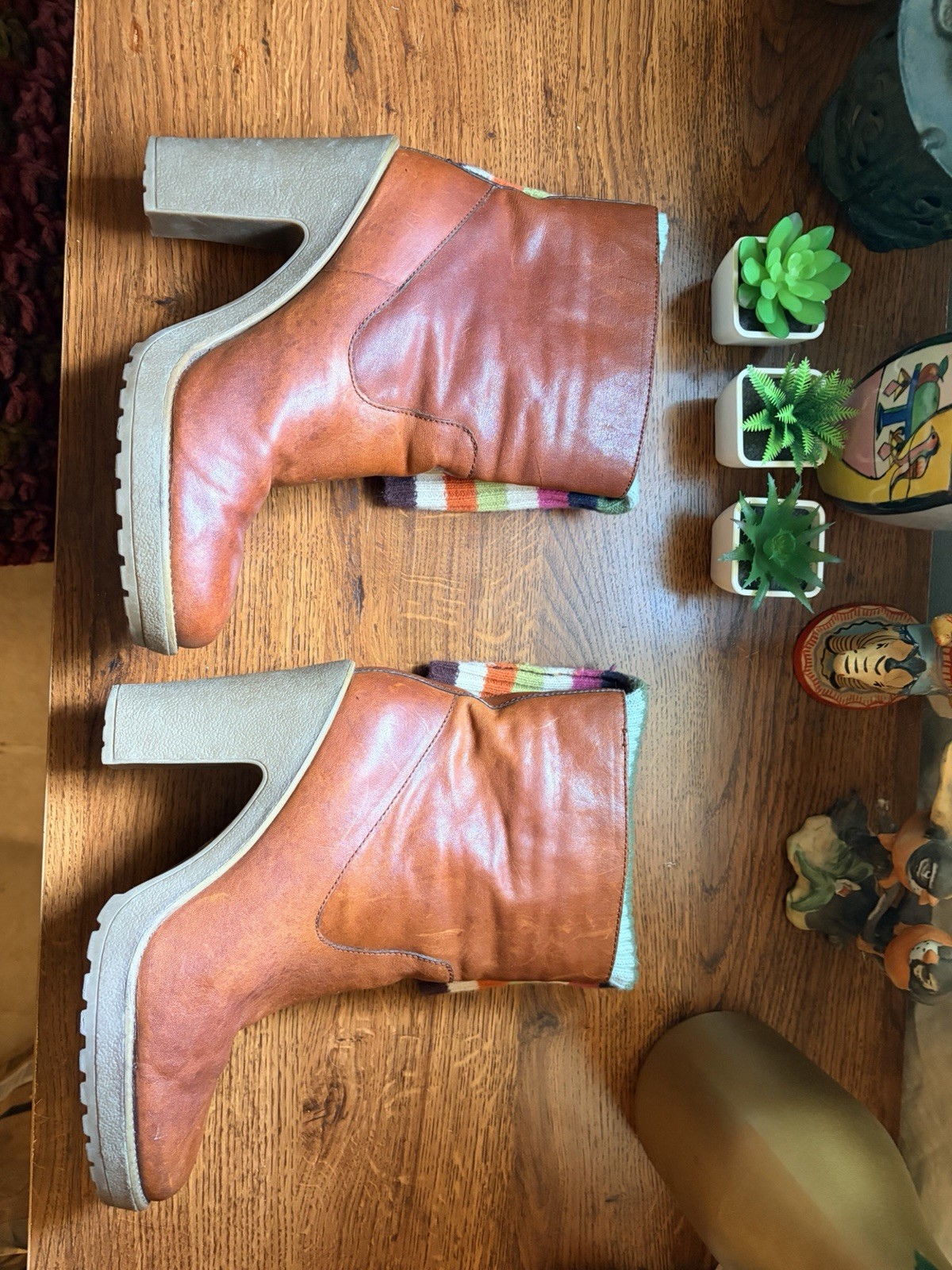 Coach Brown Leather Bootie Boots US 9 Legacy Striped Cuff Block Heel