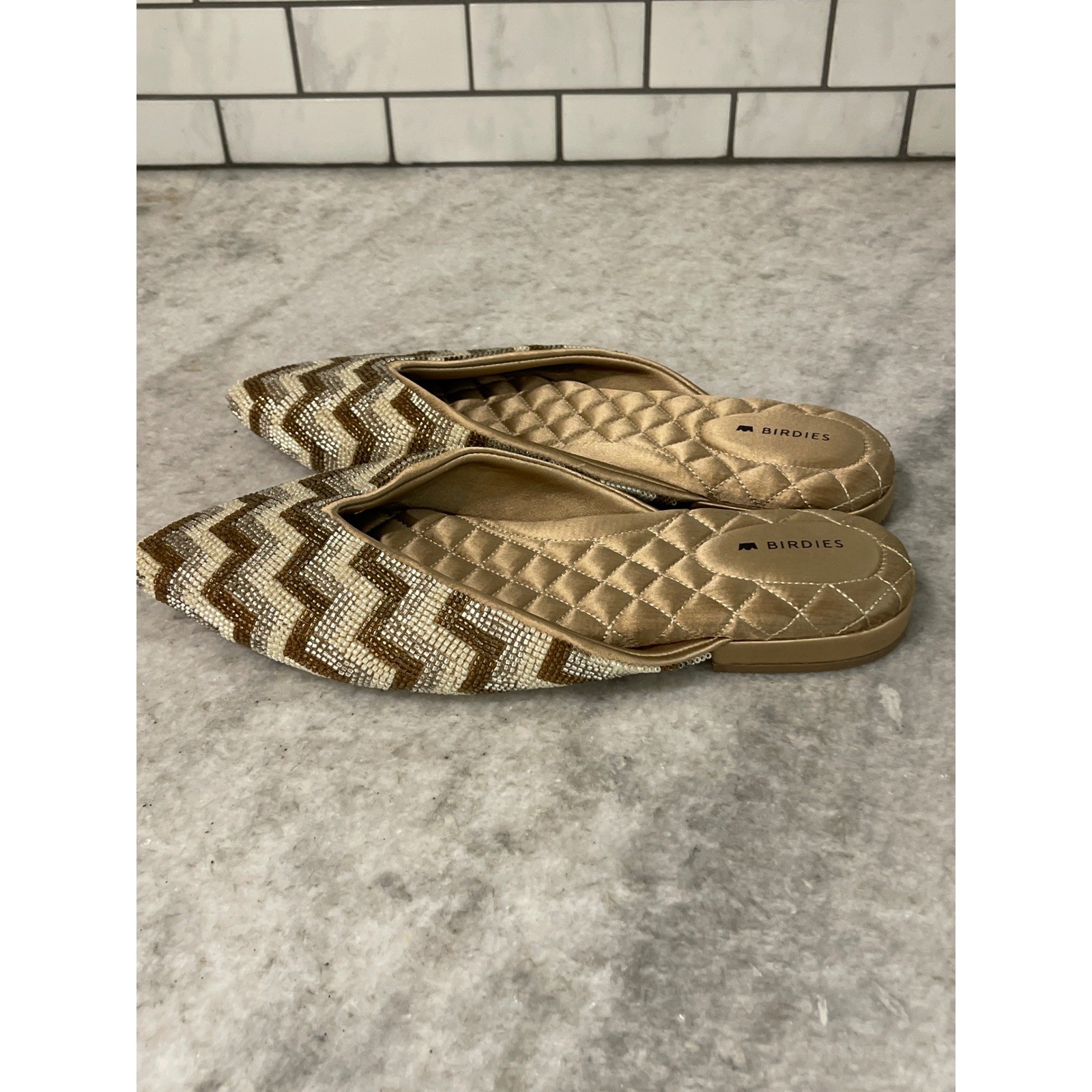 Birdies Mules Womens 8 Gold Beaded The Phoebe Chevron Pointed Toe Flats