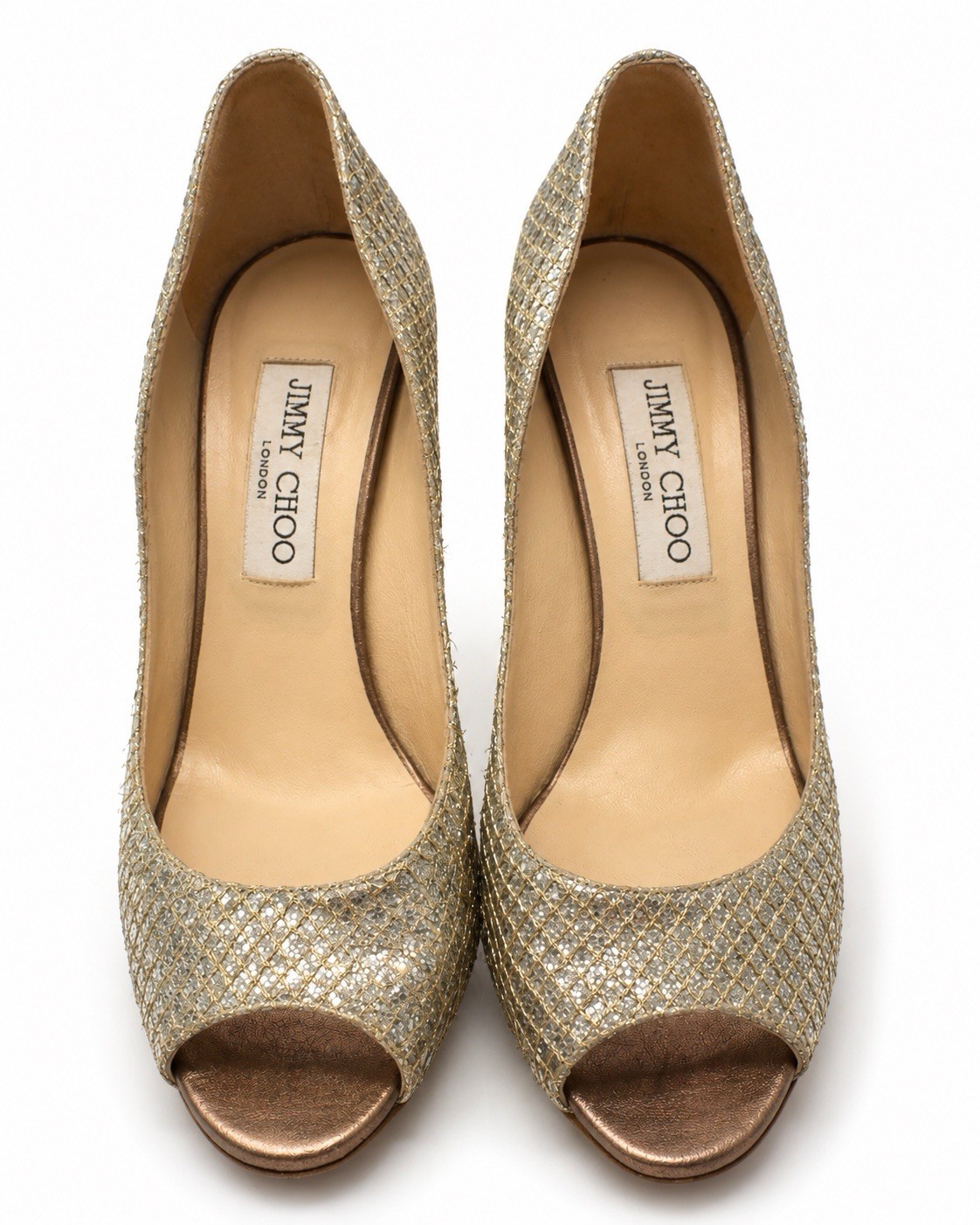 Jimmy Choo Metallic Glitter Peep Toe Wedge Heels – Women’s EU 36.5 / US 6–6.5