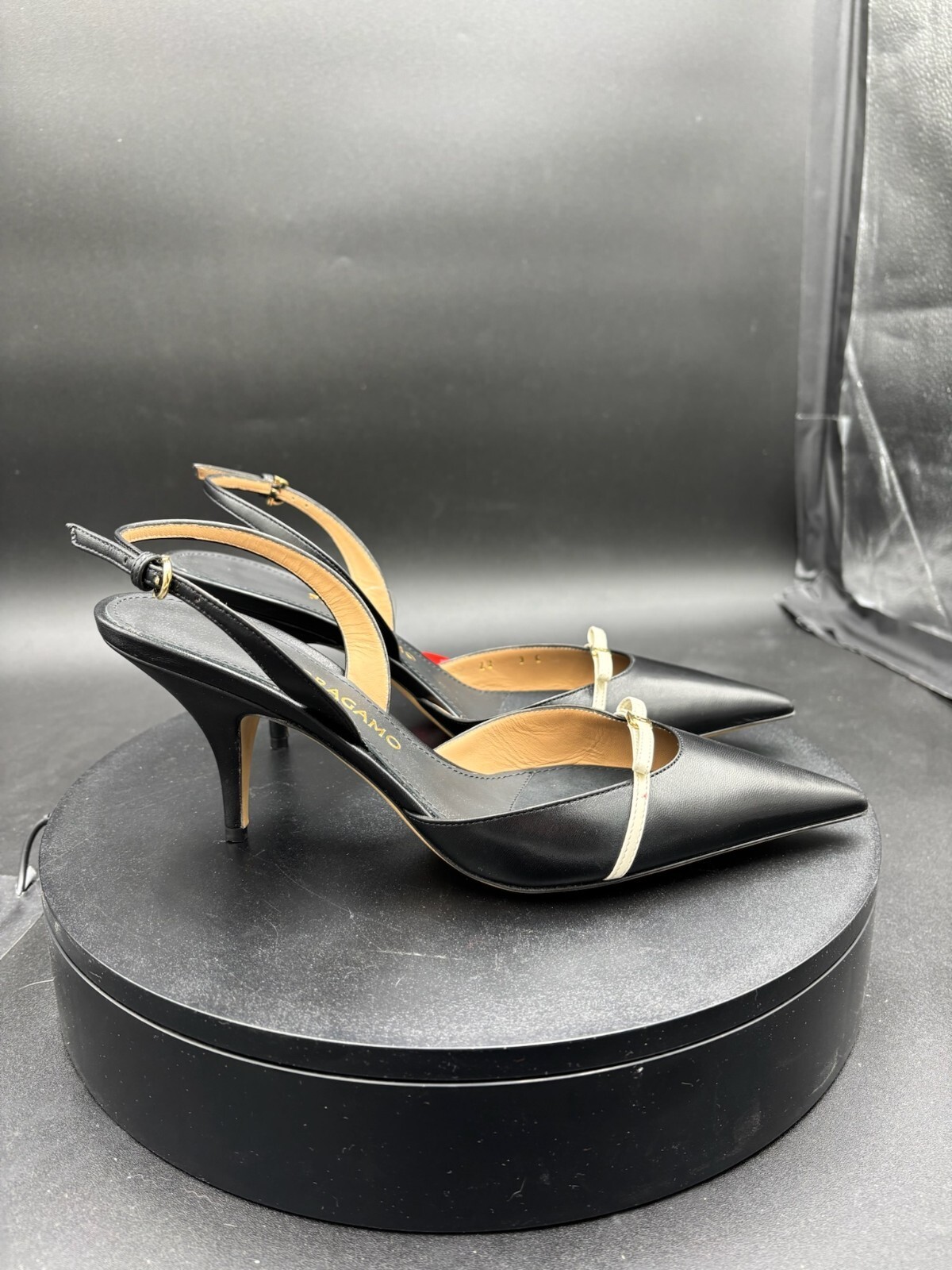Ferragamo Black Leather Pointed Toe Slingback Heels with Off
