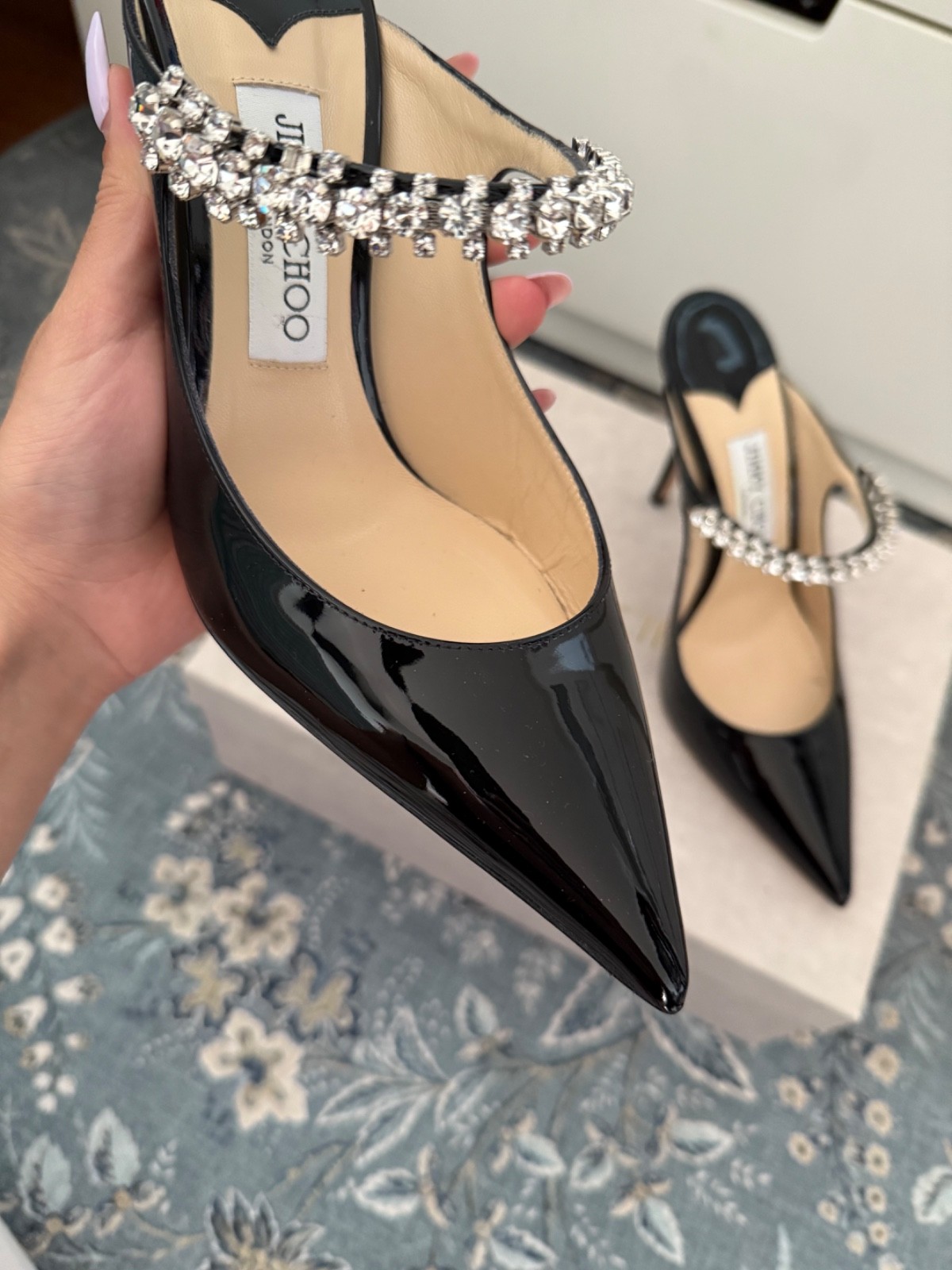 Jimmy Choo Bing 100 Black Patent Leather Heels with Crystal Strap in size 38.5