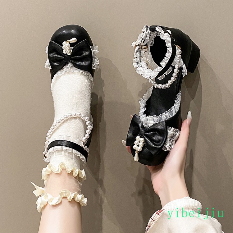 Women Girl Low Heel Lolita Mary Jane Wedding Party Beads Bowknot Party Shoes New