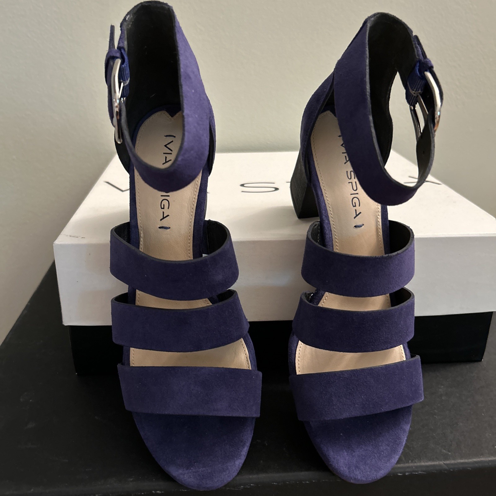 VIA SPIGA 8M EUR 38 Gorgeous Suede Sandals Block Heels Leather Soles NIB NEW