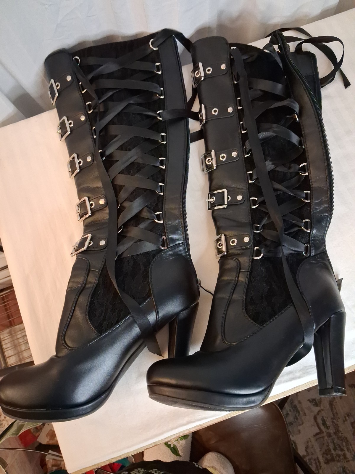 Gothic Knee High Boots With Laces And Buckles. Size 8