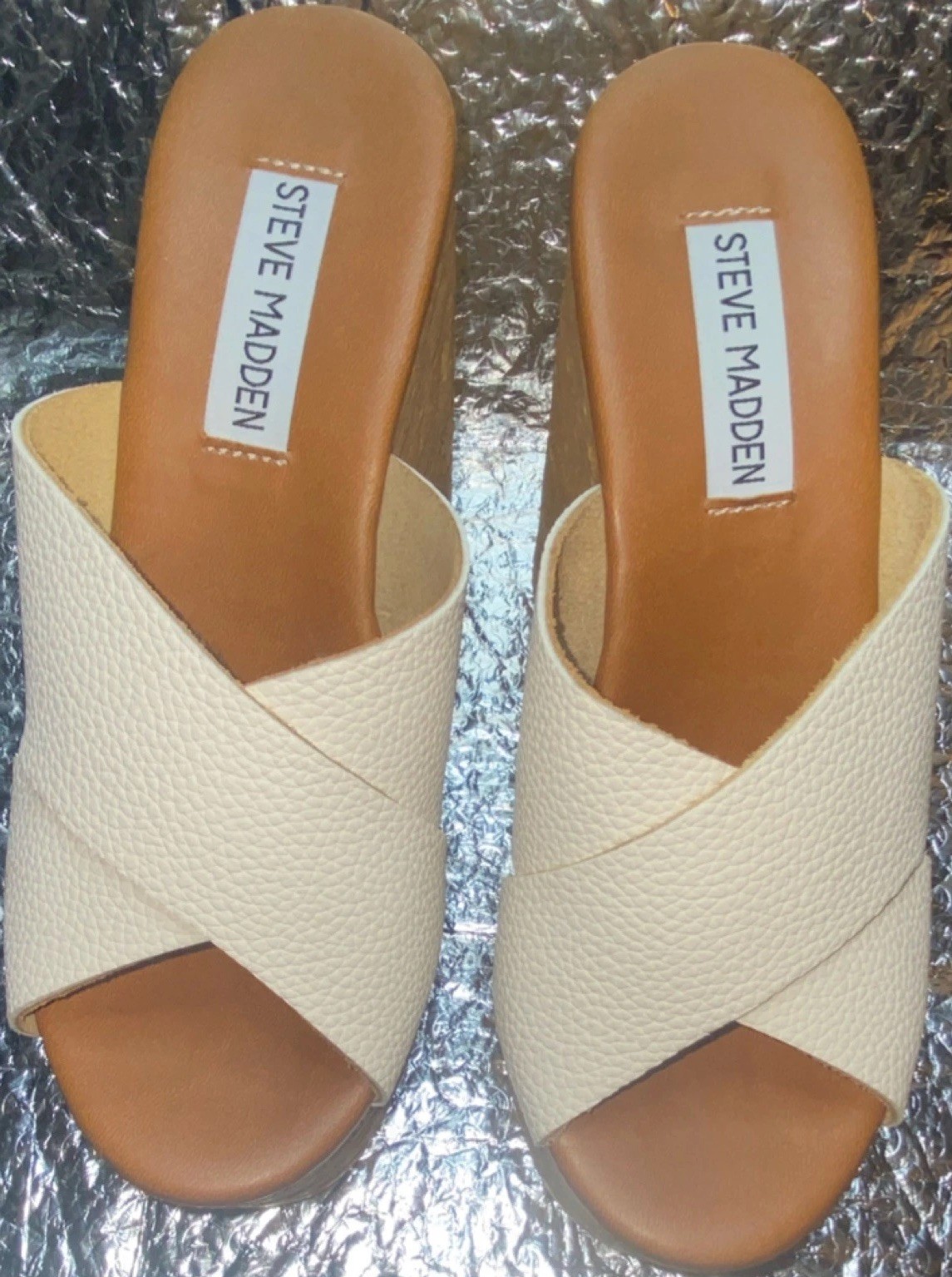STEVE MADDEN Beige Brown Synthetic Strappy Block Slip On Sandals Women’s US 6