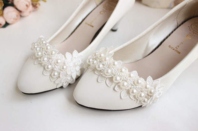 Ivory Pearl Flower Wedding Lace Prom Bridal Bridesmaid Flat High Low Heels shoes