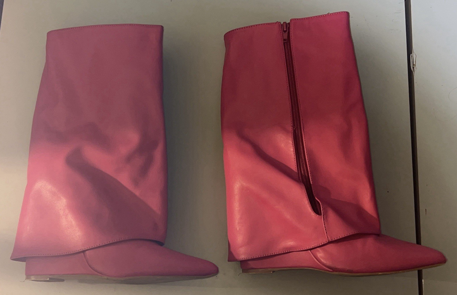 SHEIN CUCCOO Neon Pink Point Toe Wedge Boots featuring a foldable cuff