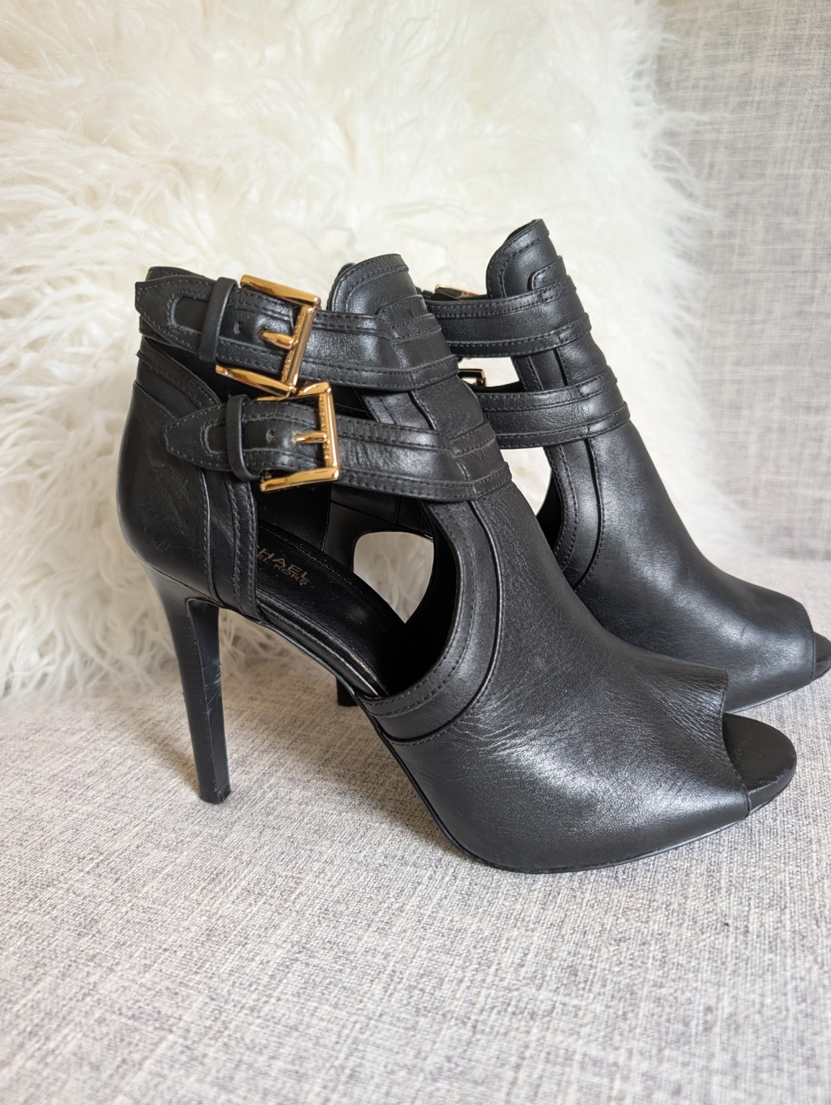 Michael Kors Blaze Black Leather Open Toe Ankle Bootie 8.5