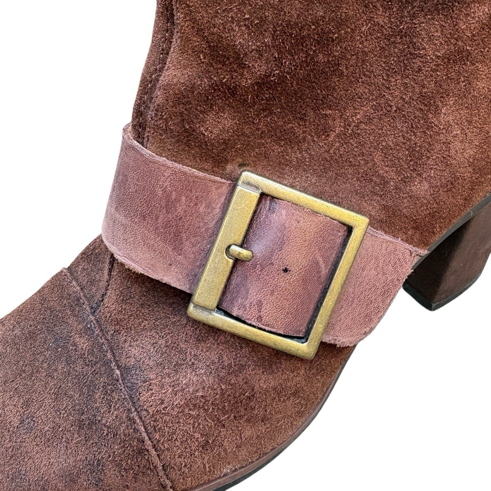 Korks Womens 7.5M Ankle Boots Chocolate Brown Suede Leather Buckle Block Heel