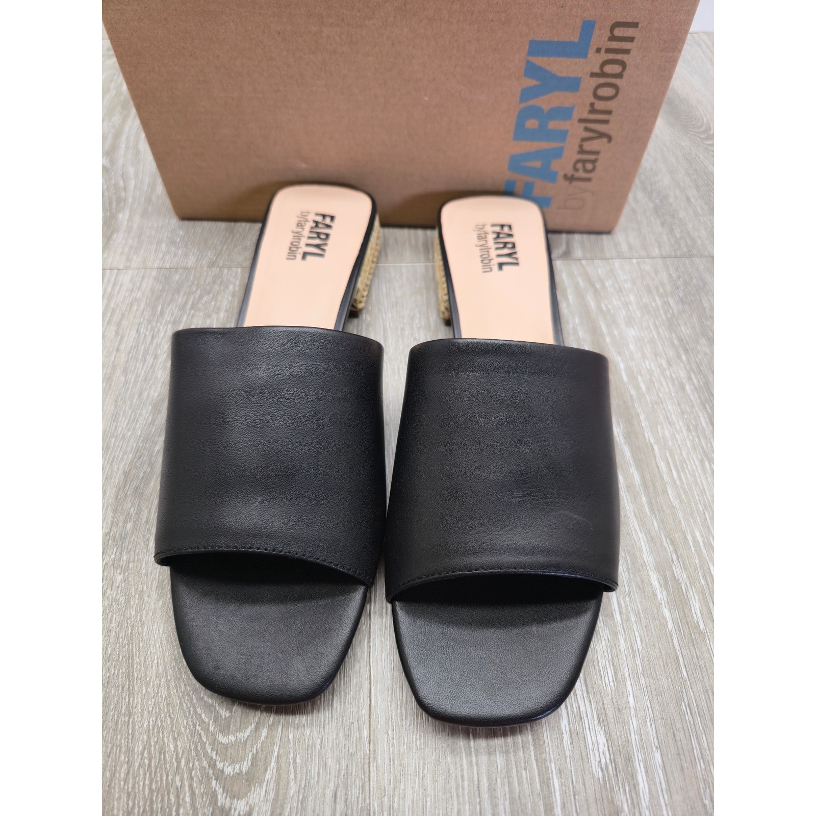 Faryl by Farylrobin Dahlia Black Leather Square Toe Raffia Block Heel Sandals 9M