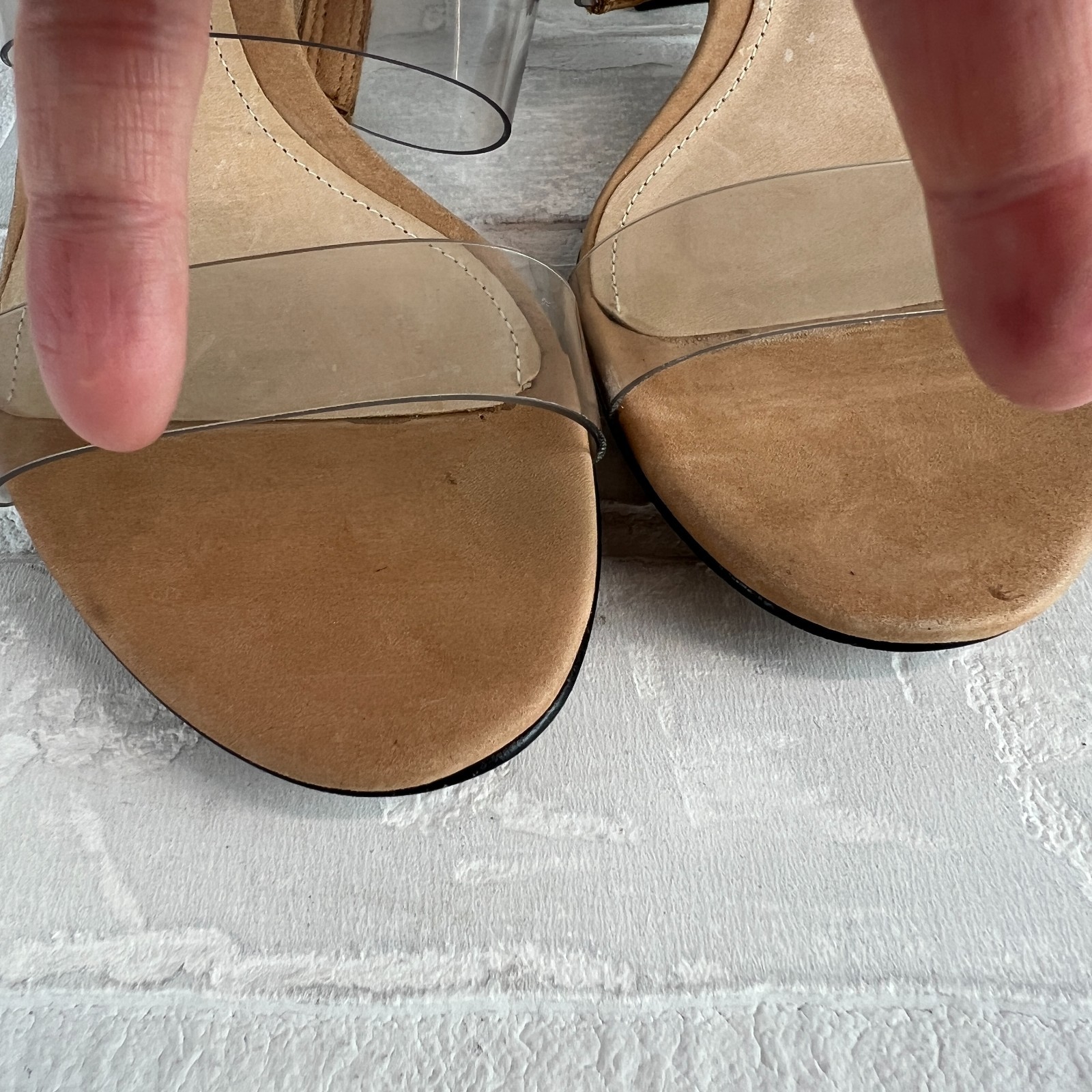 SCHUTZ Heels Victorie Womens 7.5 Nude Transparent 2 Strap Block Heel Sandals B