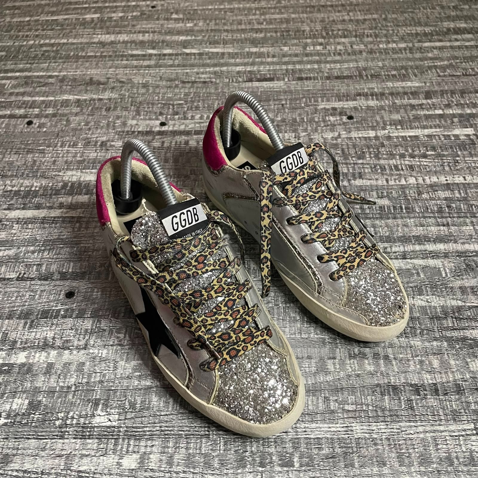GOLDEN GOOSE SUPERSTAR SILVER GLITTER BLACK STAR PINK HEEL LEOPARD LACES EU 38