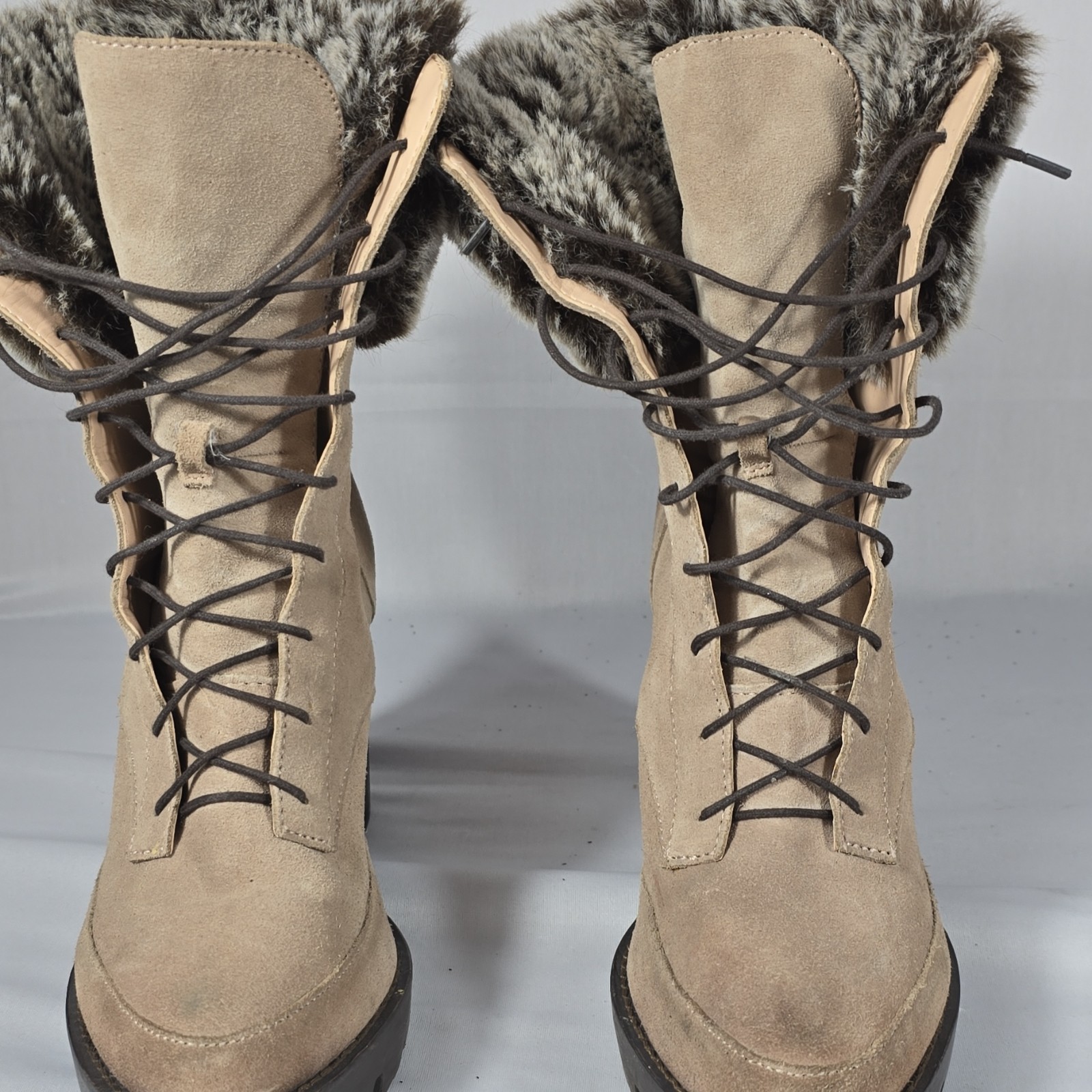 Charles David Faux Fur Trim Lace Up Platform Beige Boot Women’s US 10