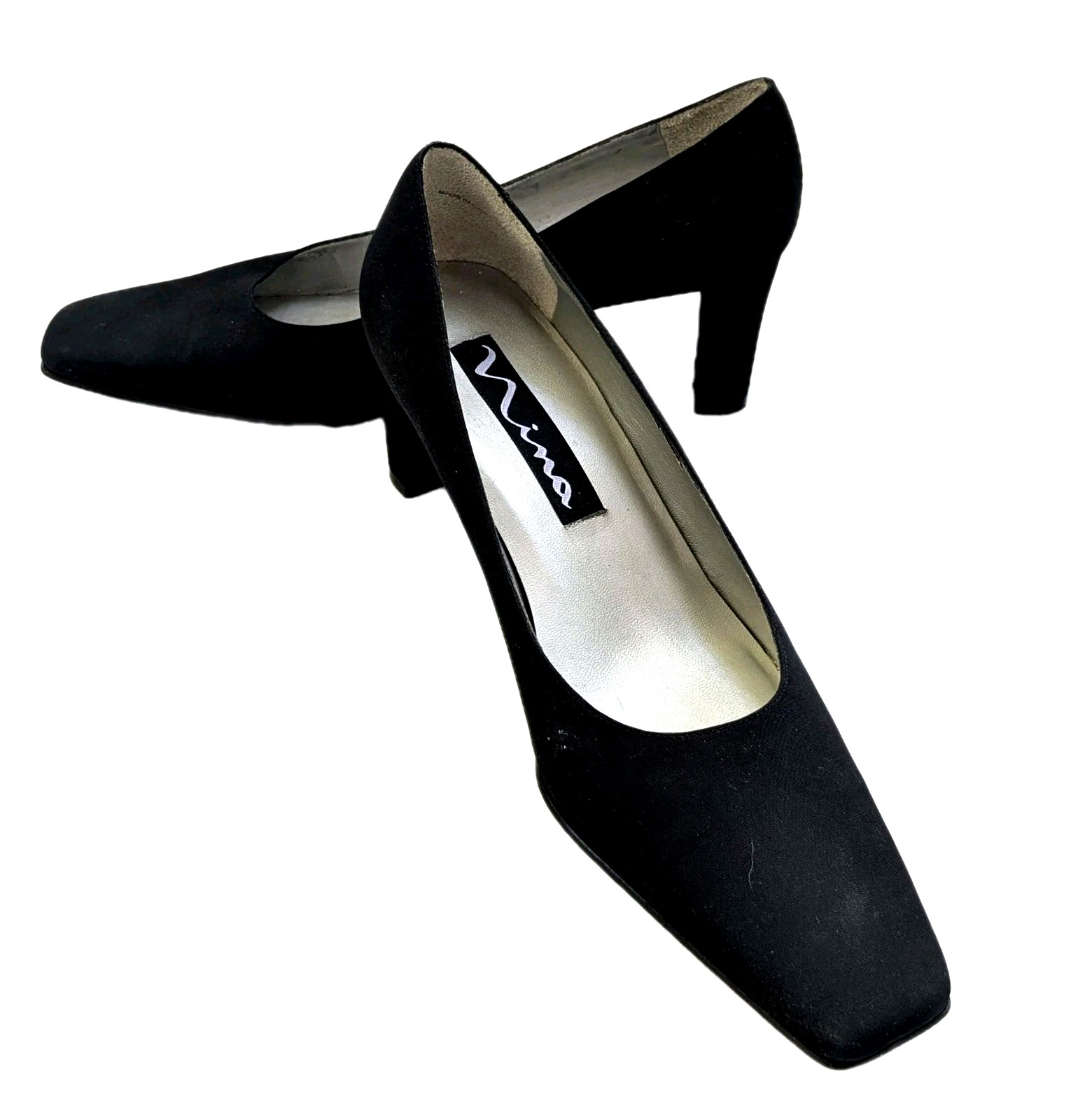 NINA Womens Black Pumps Durable Leather Soles Square Toe Synthetic Satin PU 8M