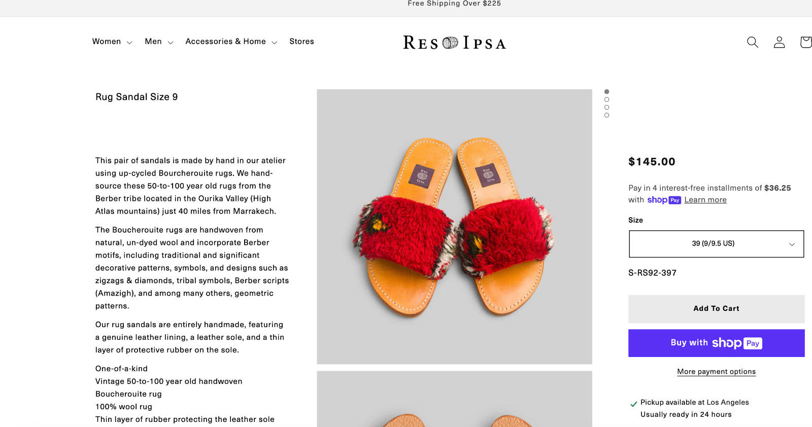 RES IPSA Handmade Moroccan Rug Slide Sandals Red Multicolor Size 8 Leather Sole